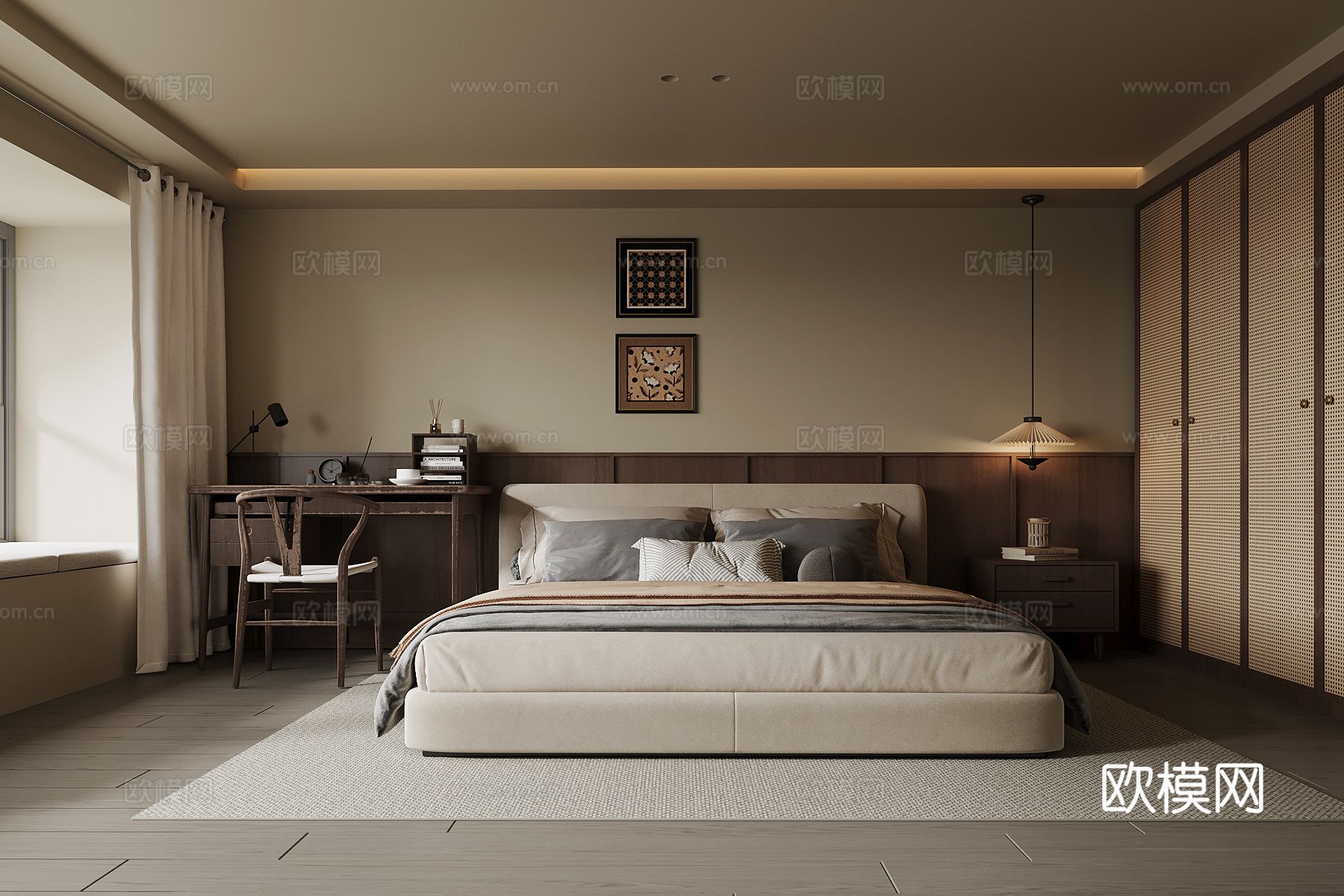 中古风卧室 双人床 衣柜 书桌椅su模型