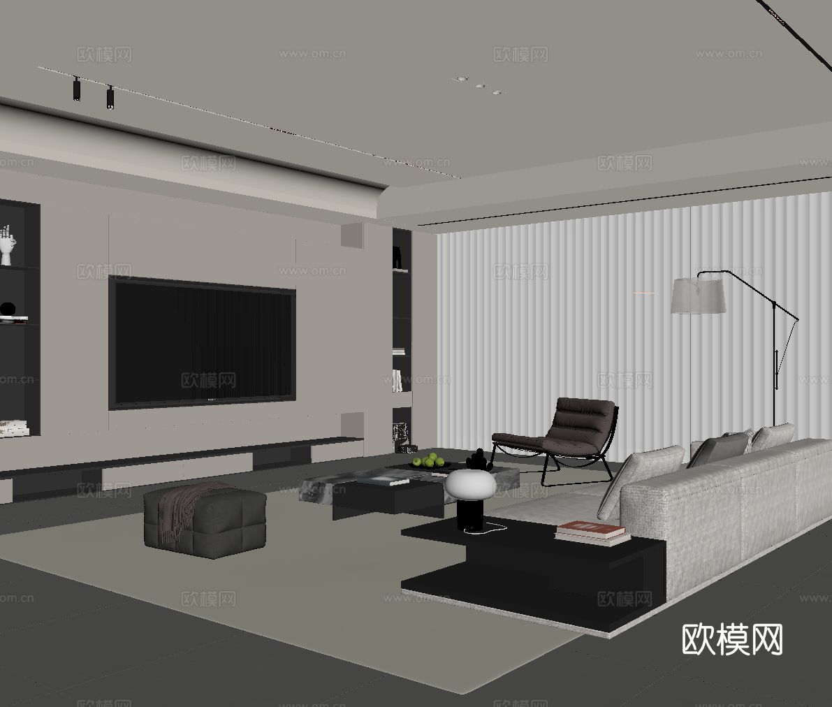 现代客厅 电视背景墙 沙发茶几组合su模型