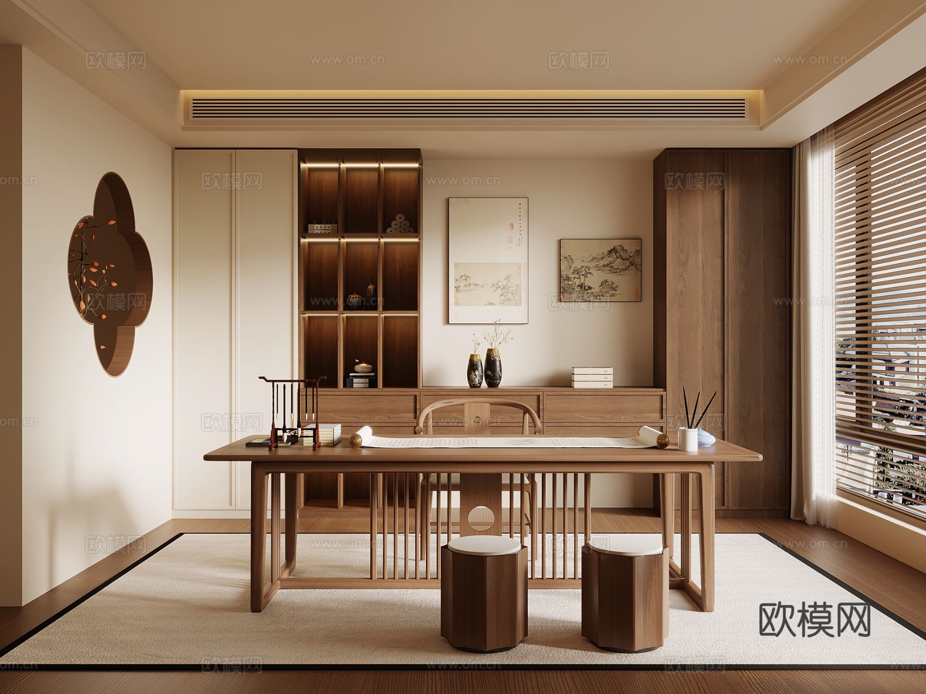 新中式书房 书桌椅 书柜su模型