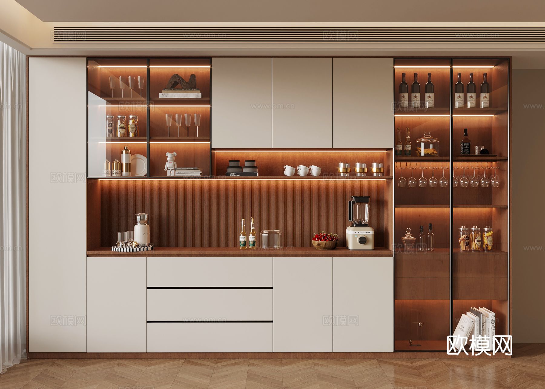现代中古酒柜 餐边柜su模型