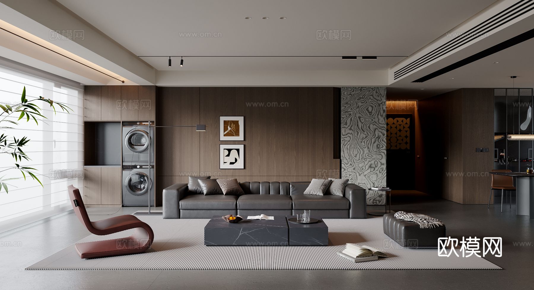 现代意式客厅 沙发茶几 三人沙发 休闲椅 挂画 落地灯su模型