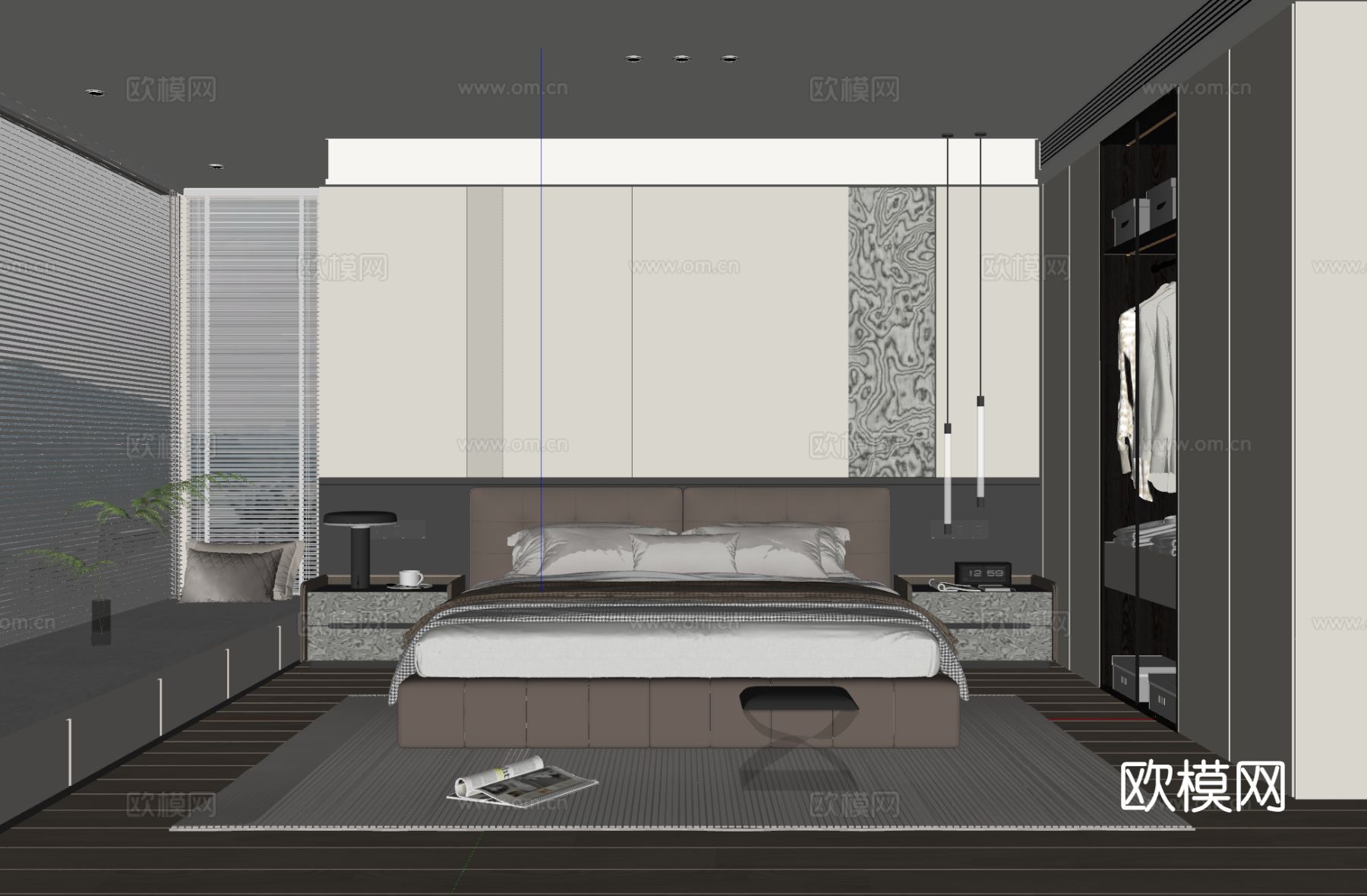 现代简约卧室 皮质双人床 床头柜 吊灯 衣柜 地毯su模型