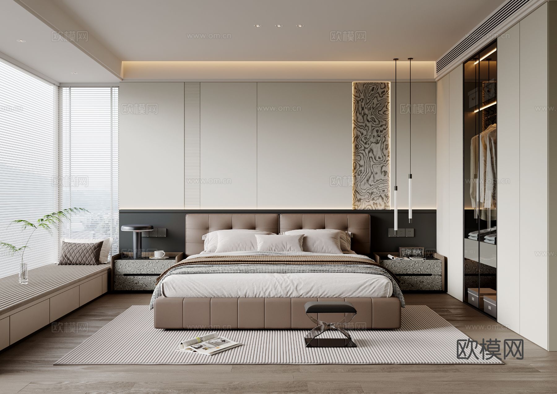 现代简约卧室 皮质双人床 床头柜 吊灯 衣柜 地毯su模型