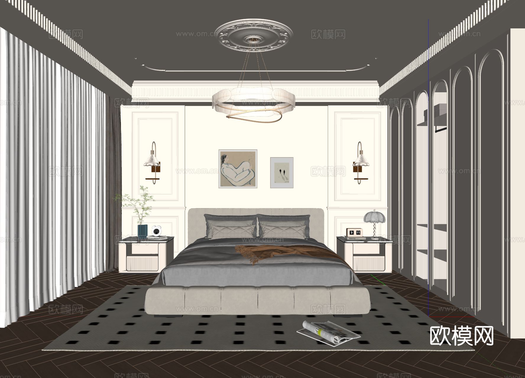 法式奶油风卧室 布艺双人床 床头柜 吊灯 挂画 地毯su模型
