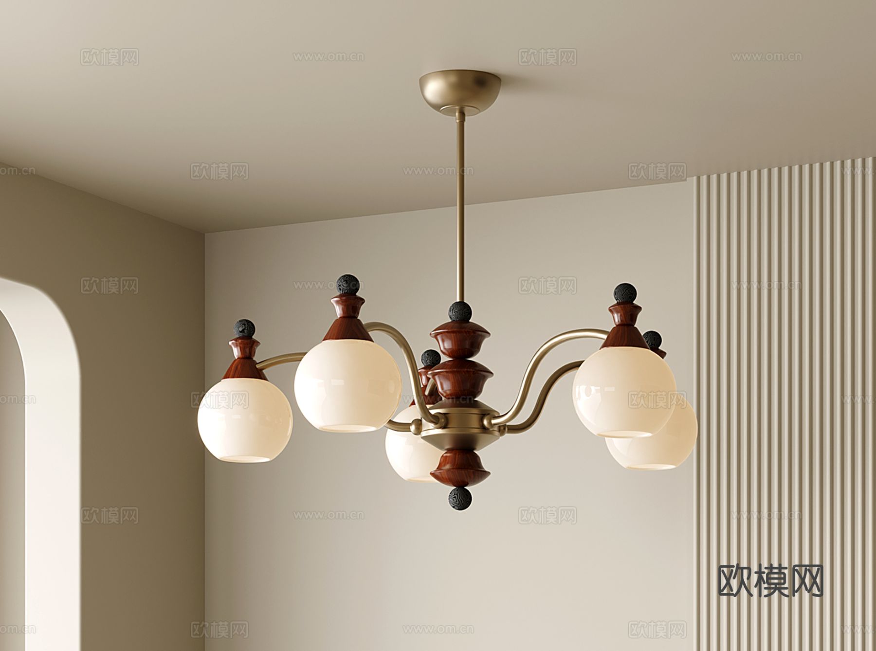 美式餐厅吊灯 复古卧室吊灯 五头吊灯su模型