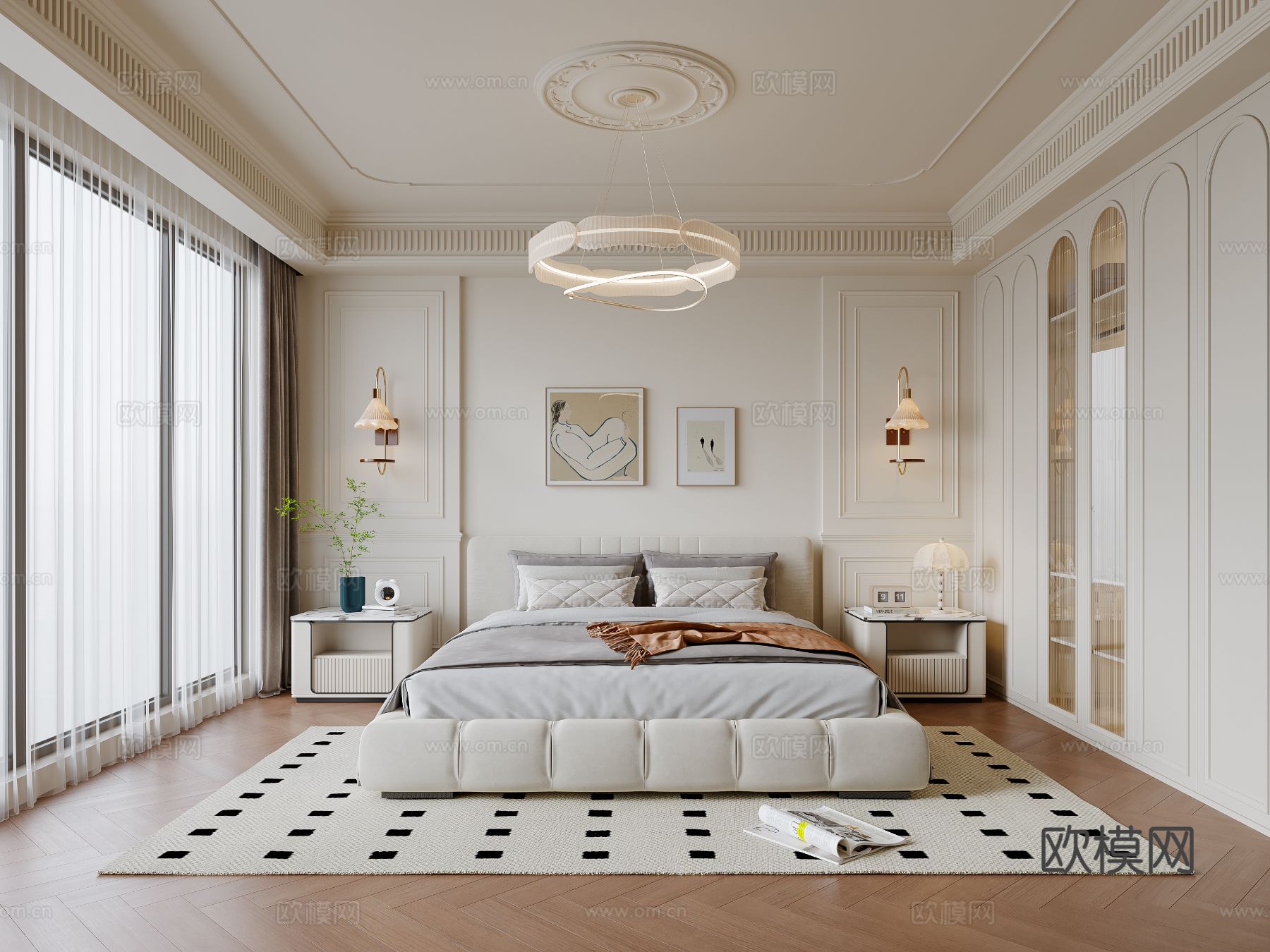 法式奶油风卧室 布艺双人床 床头柜 吊灯 挂画 地毯su模型