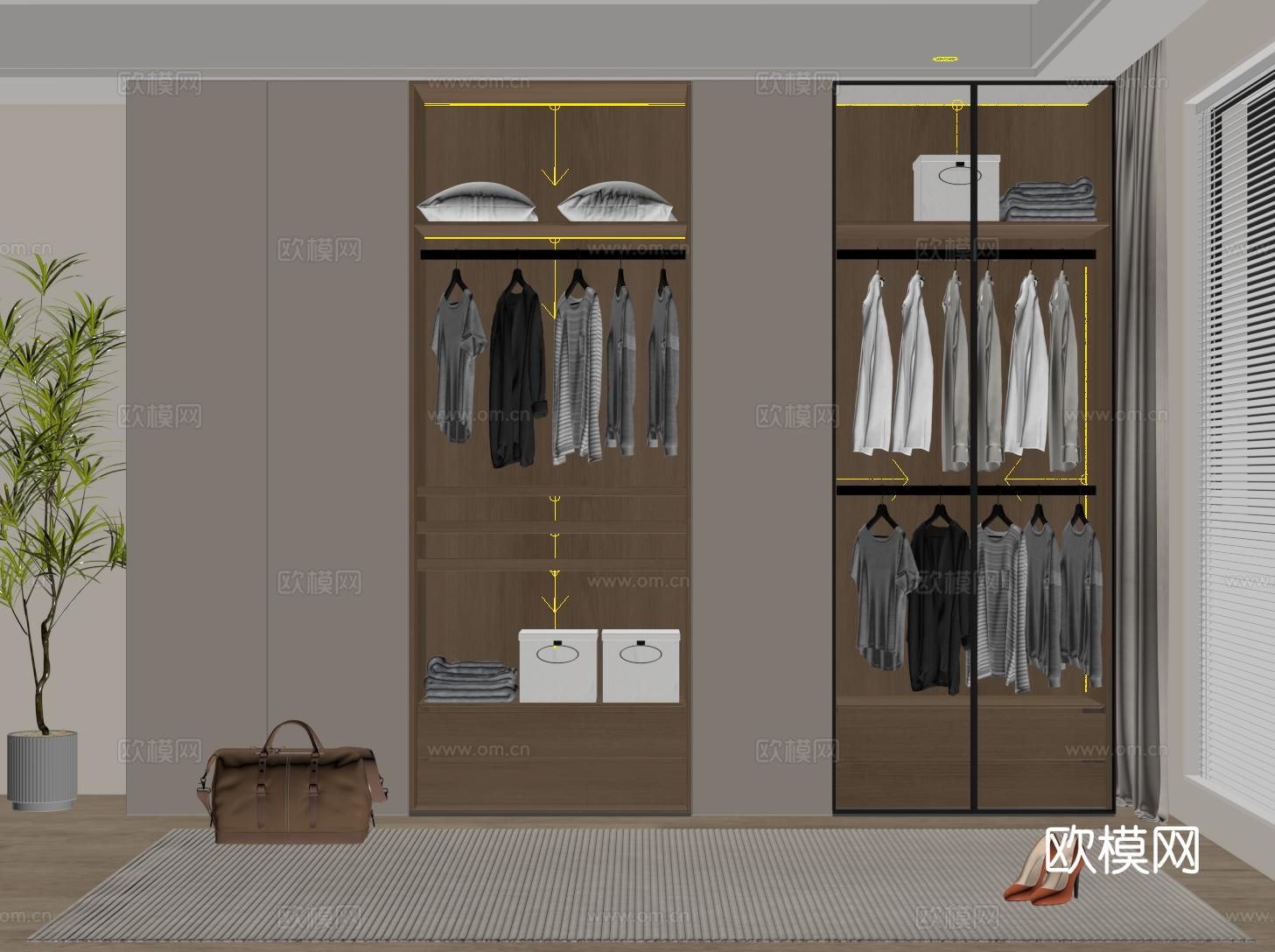 现代定制衣柜 玻璃衣柜 开放格衣柜su模型