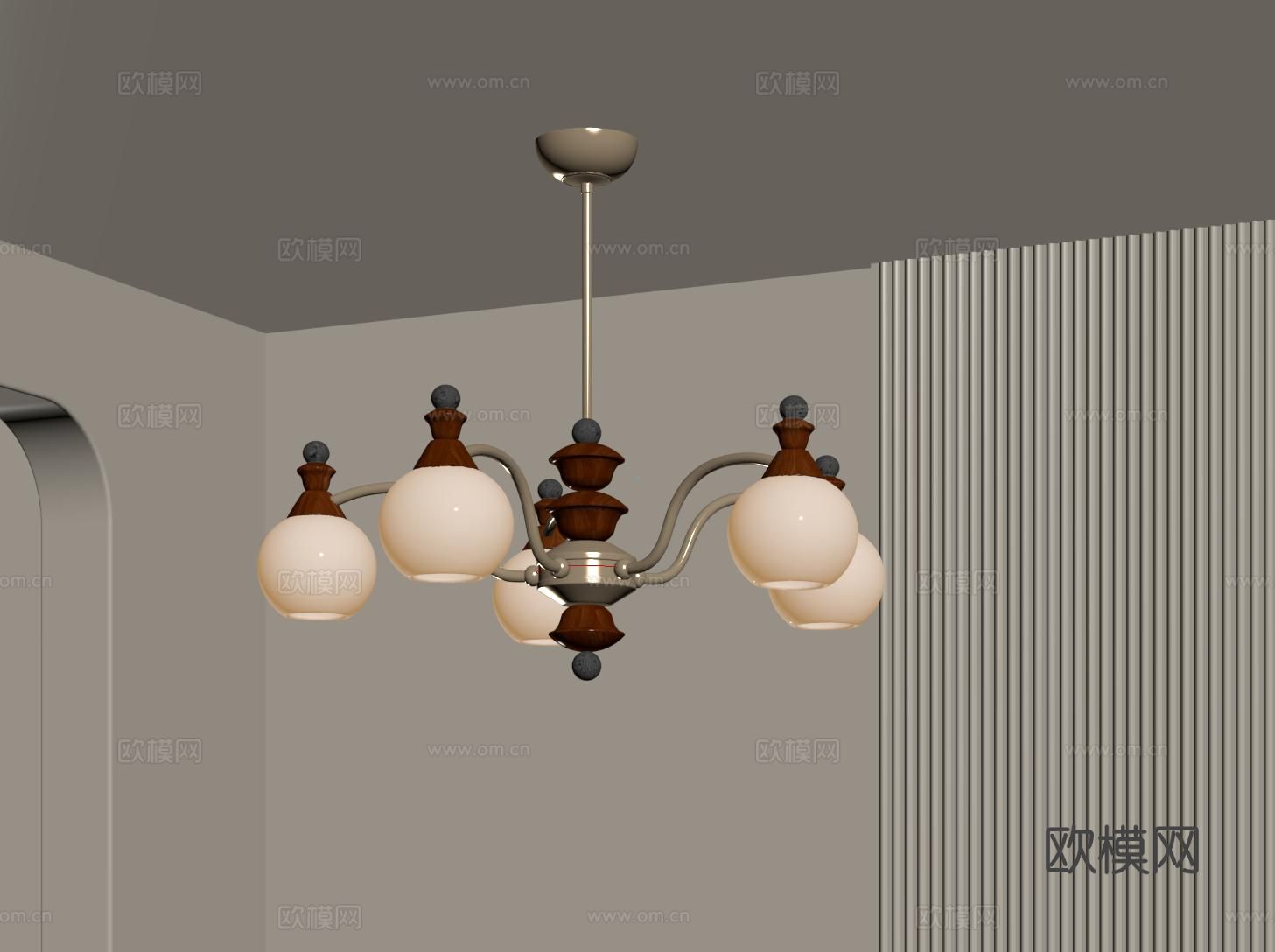 美式餐厅吊灯 复古卧室吊灯 五头吊灯su模型