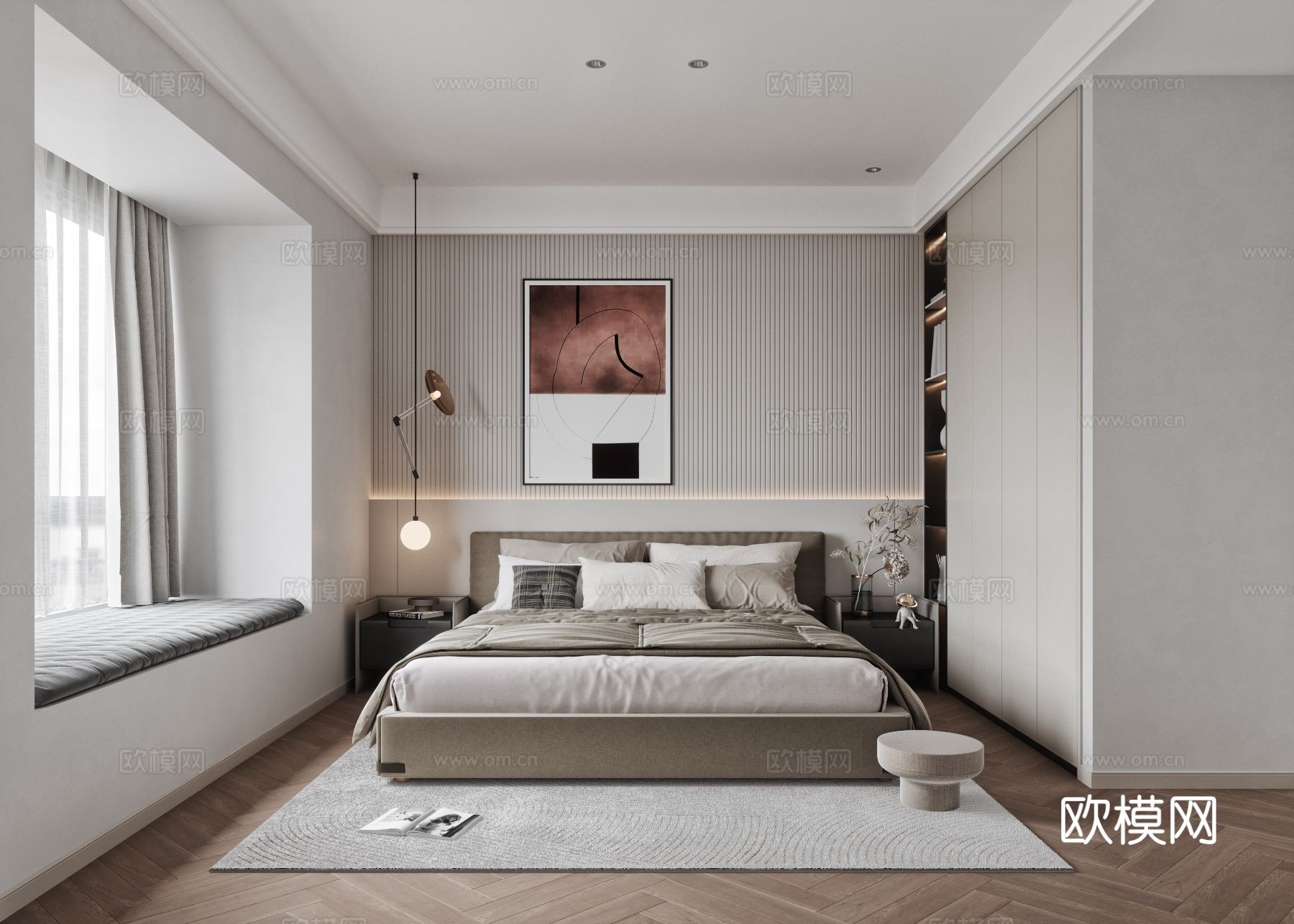 奶油风复式平层 客厅 卧室 书房效果图下载（渲染图6）