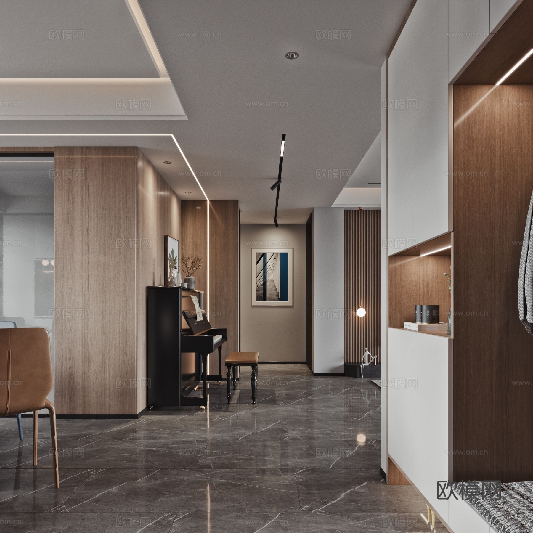 奶油风复式平层 客厅 卧室 书房效果图下载（渲染图16）