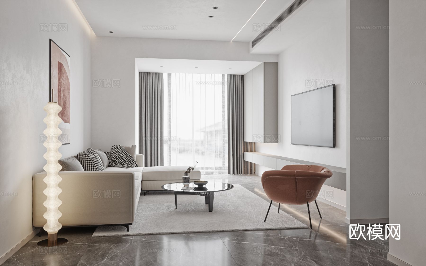 奶油风复式平层 客厅 卧室 书房效果图下载（渲染图18）