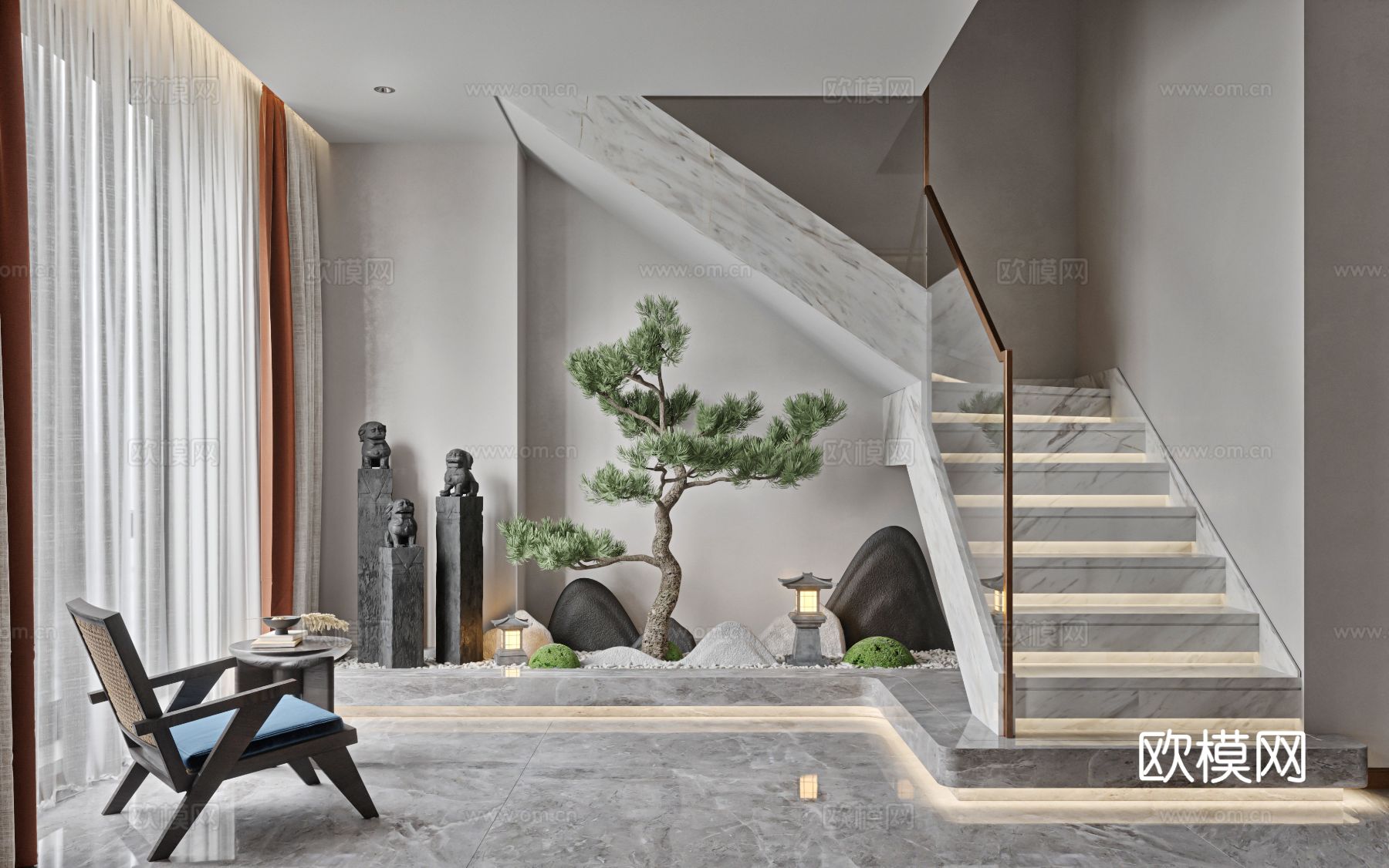 奶油风复式平层 客厅 卧室 书房效果图下载（渲染图9）