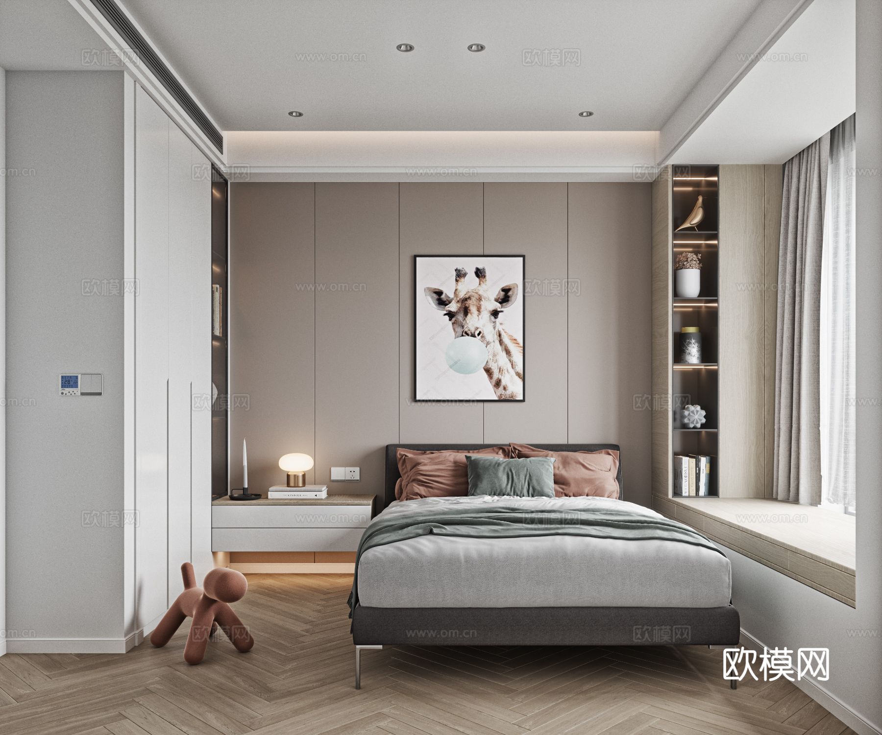 奶油风复式平层 客厅 卧室 书房效果图下载（渲染图2）