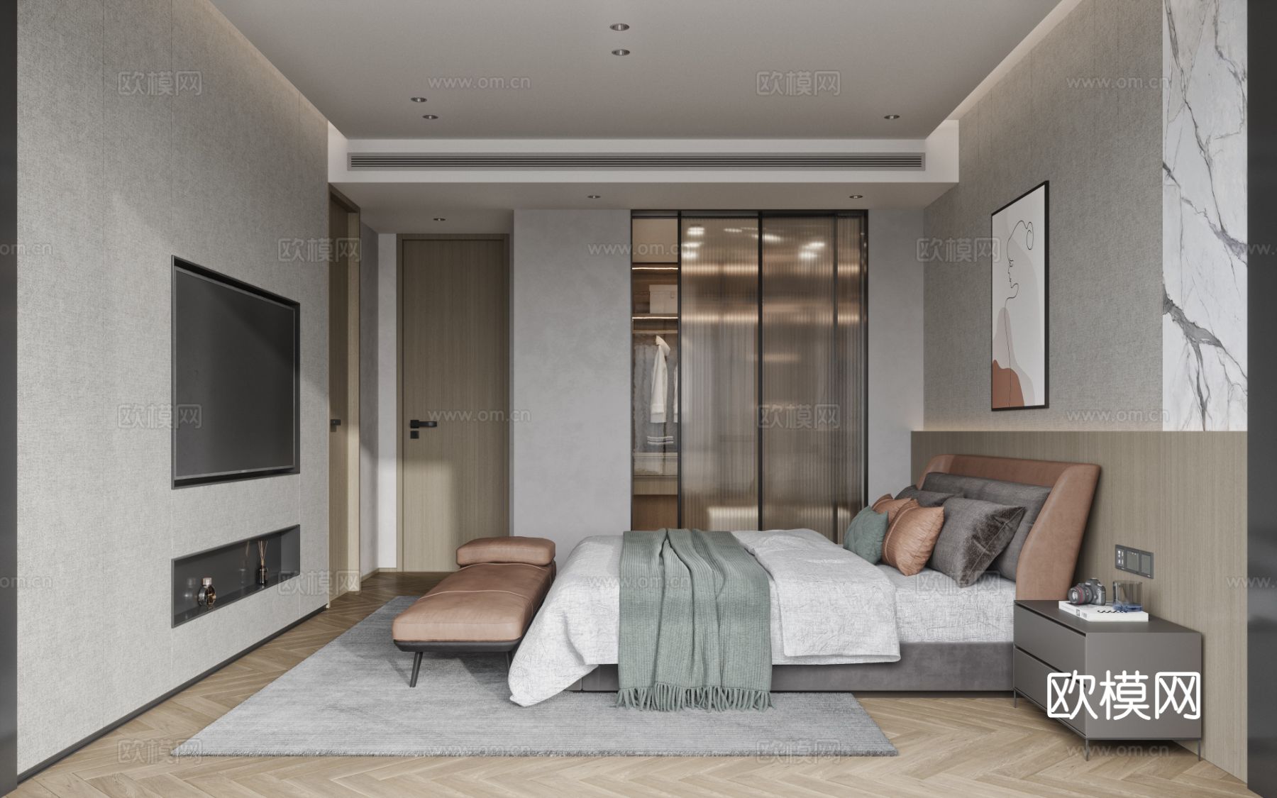 奶油风复式平层 客厅 卧室 书房效果图下载（渲染图19）