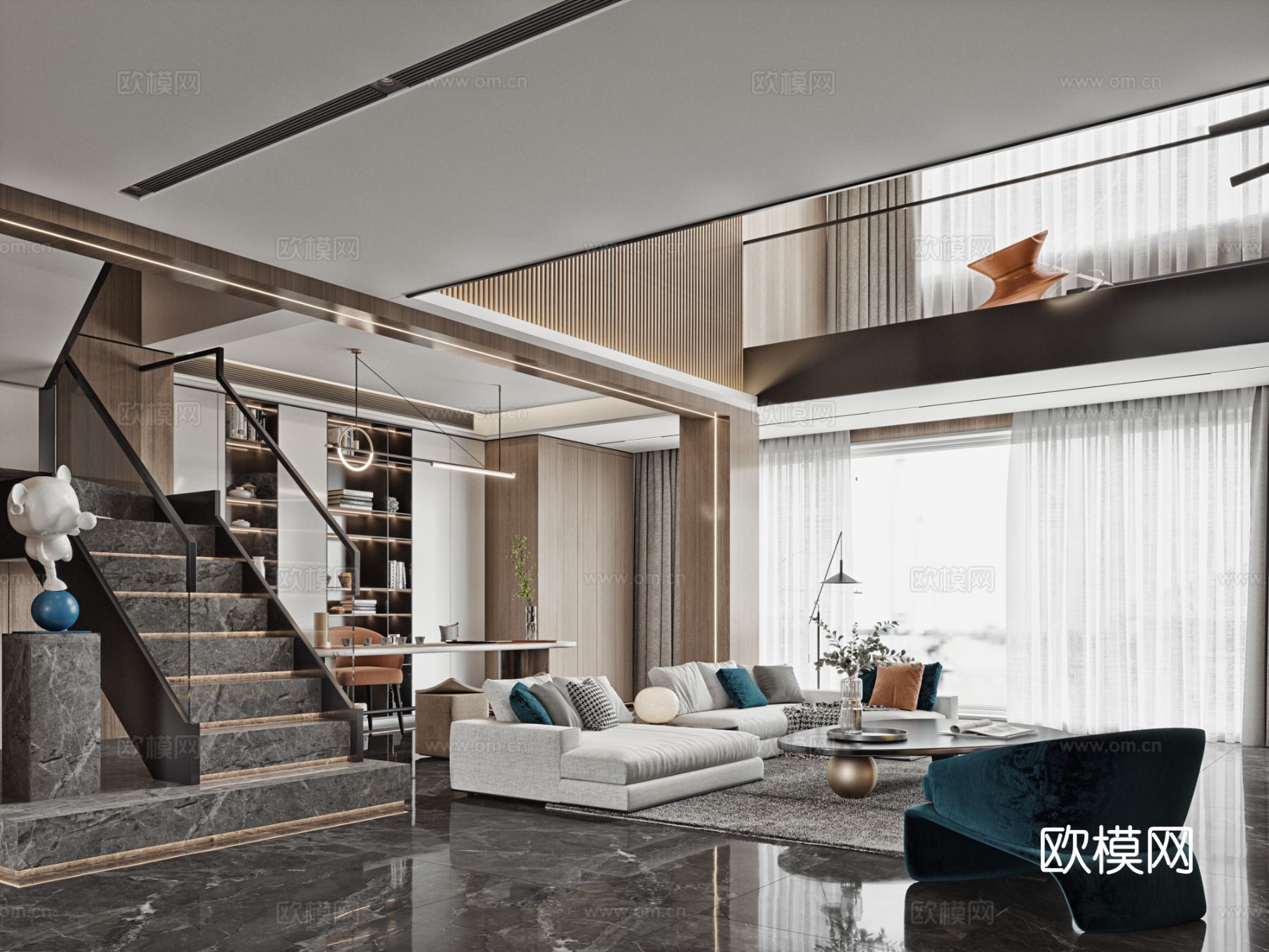 奶油风复式平层 客厅 卧室 书房效果图下载（渲染图7）