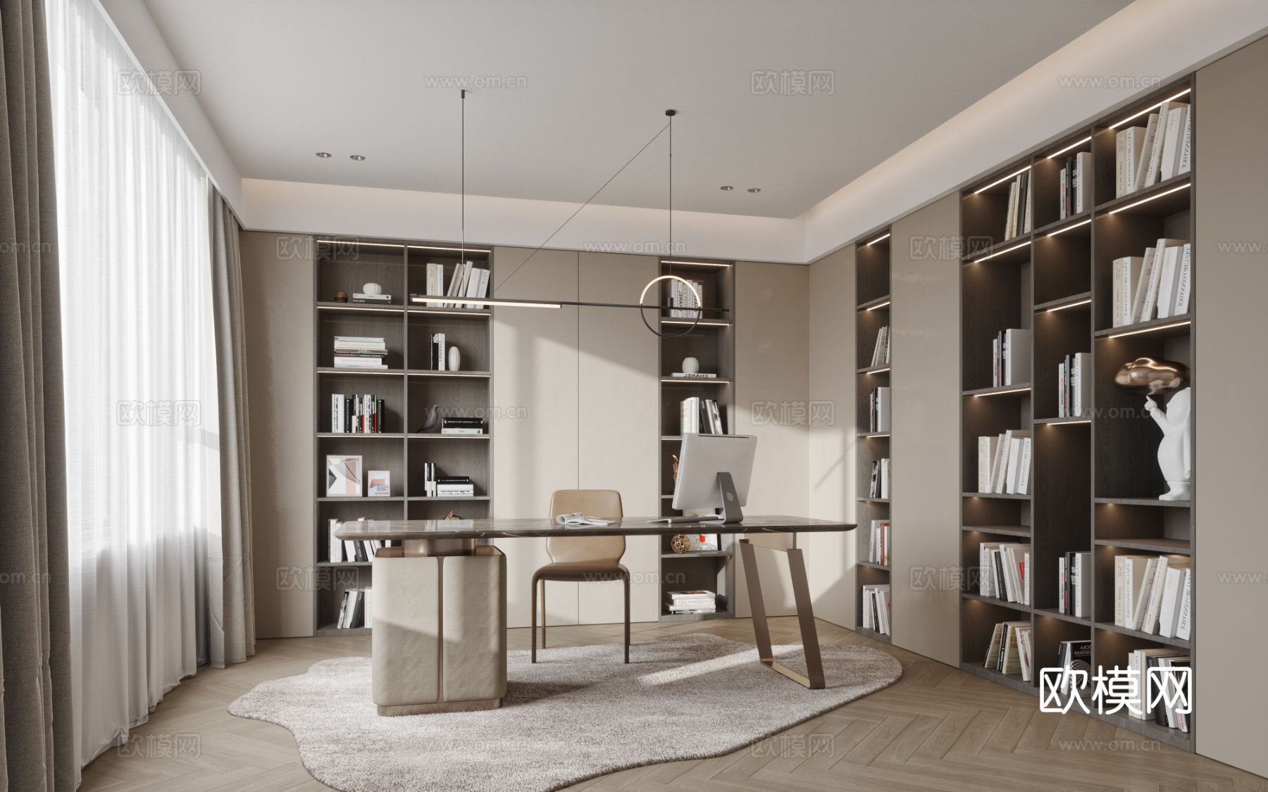 奶油风复式平层 客厅 卧室 书房效果图下载（渲染图11）