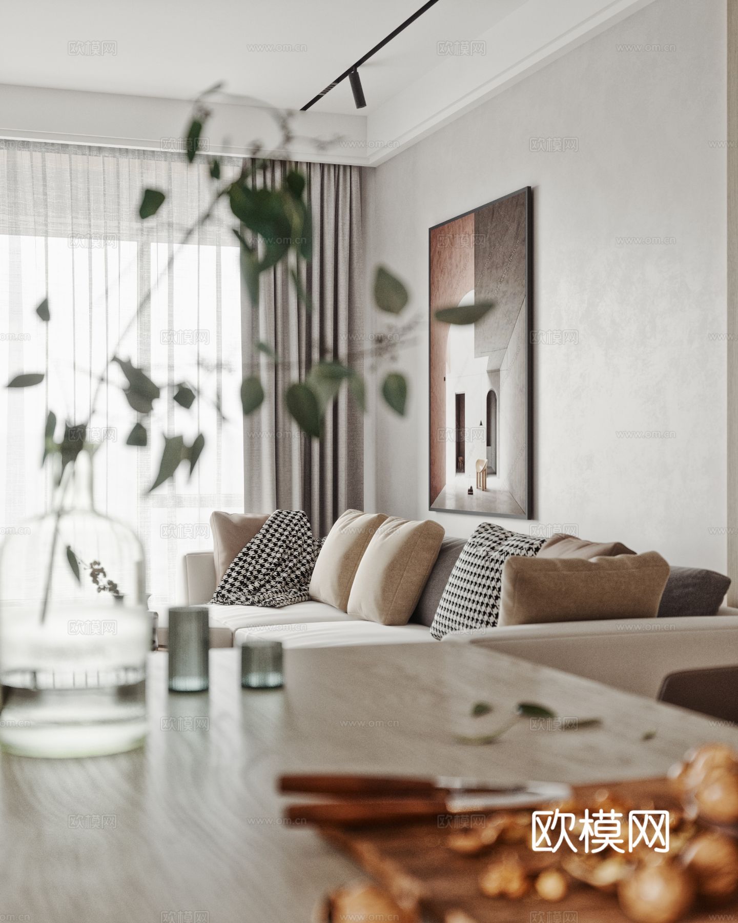 奶油风复式平层 客厅 卧室 书房效果图下载（渲染图12）