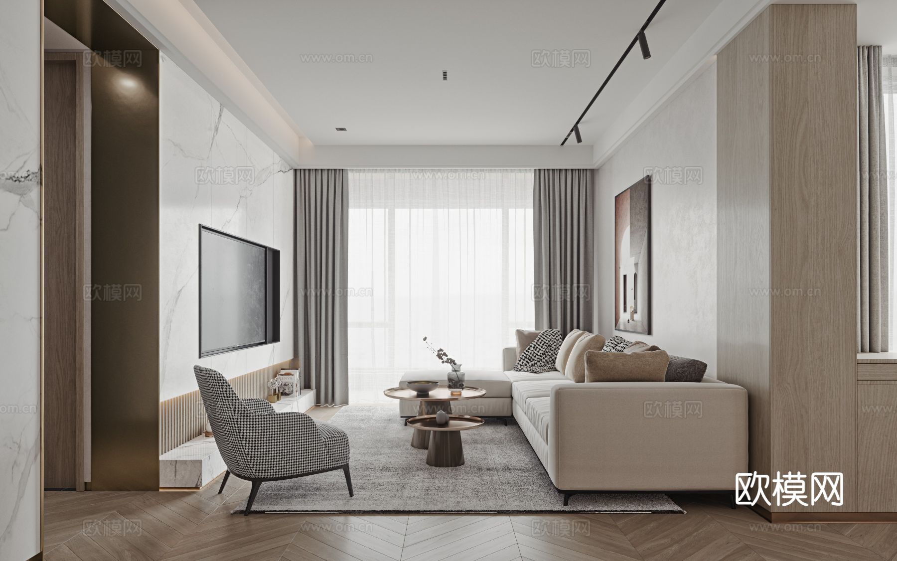 奶油风复式平层 客厅 卧室 书房效果图下载（渲染图10）