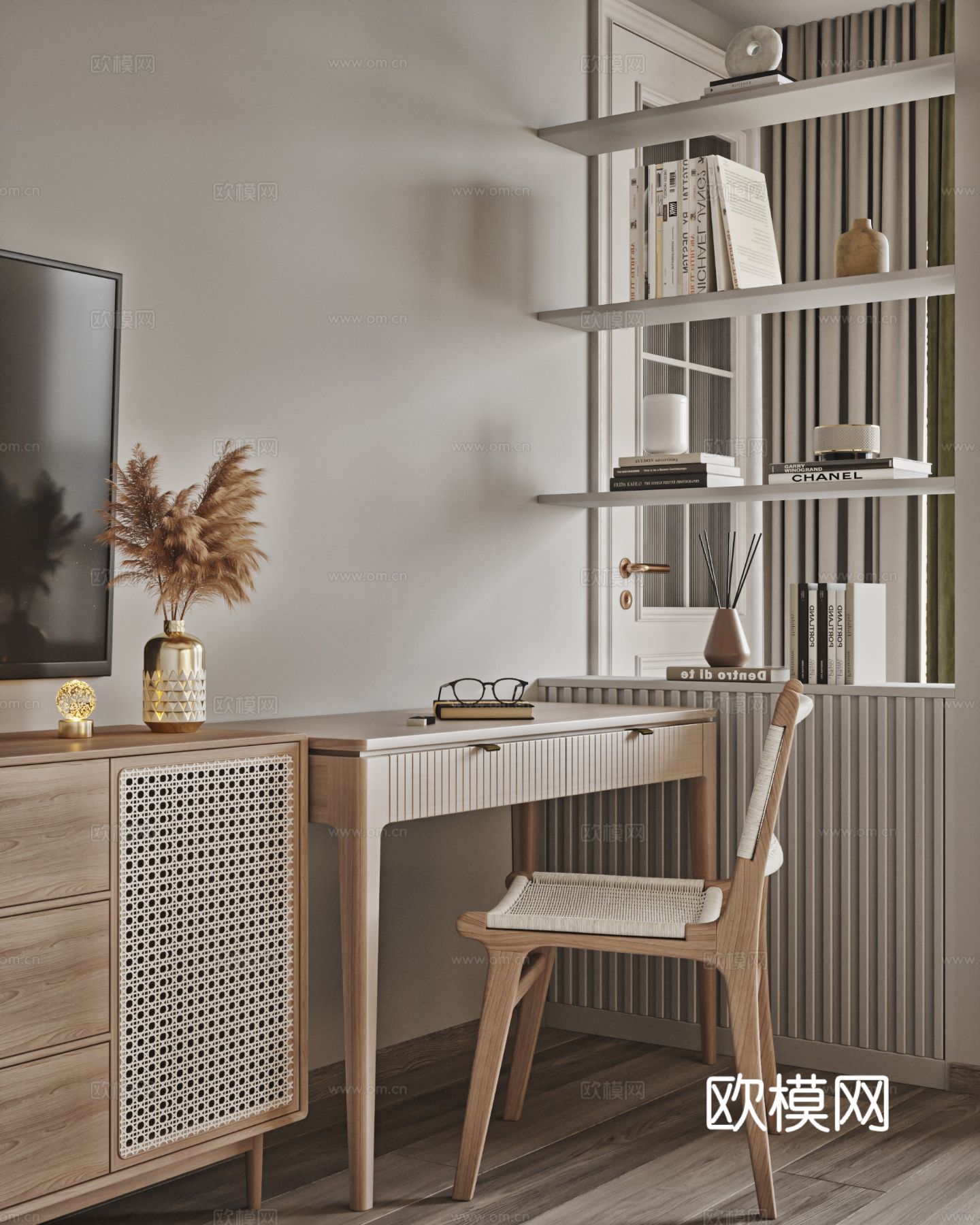 奶油风复式平层 客厅 卧室 书房效果图下载（渲染图13）