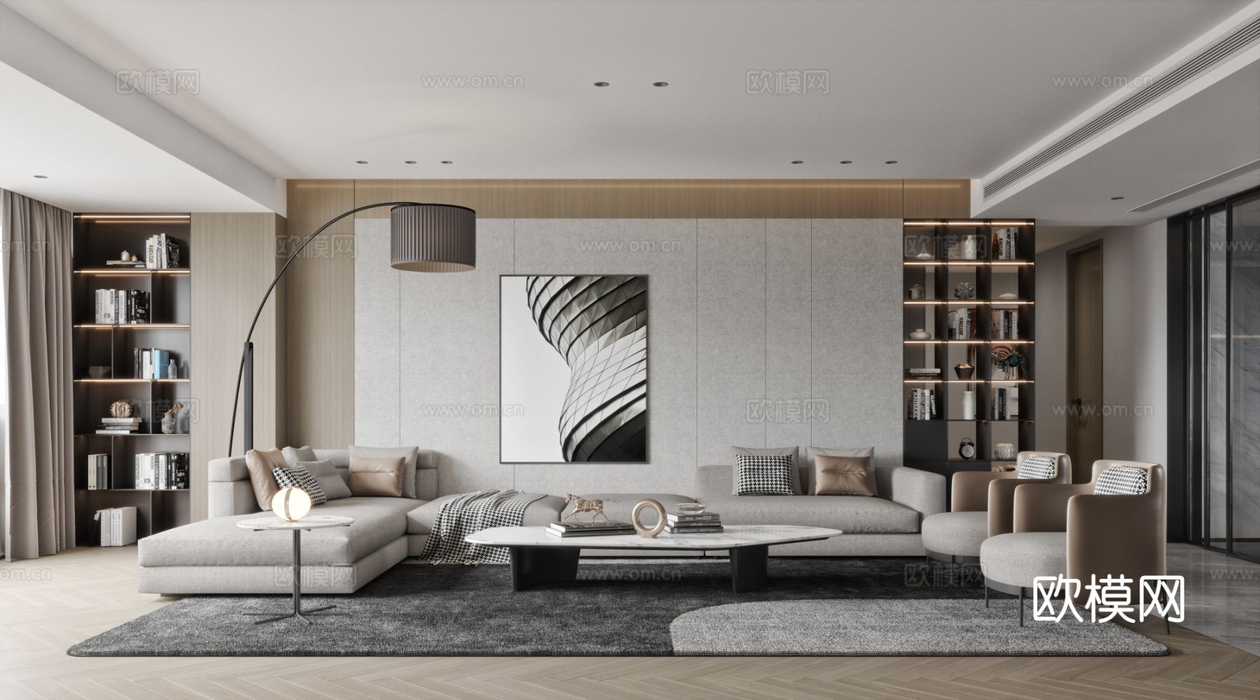 奶油风复式平层 客厅 卧室 书房效果图下载（渲染图1）