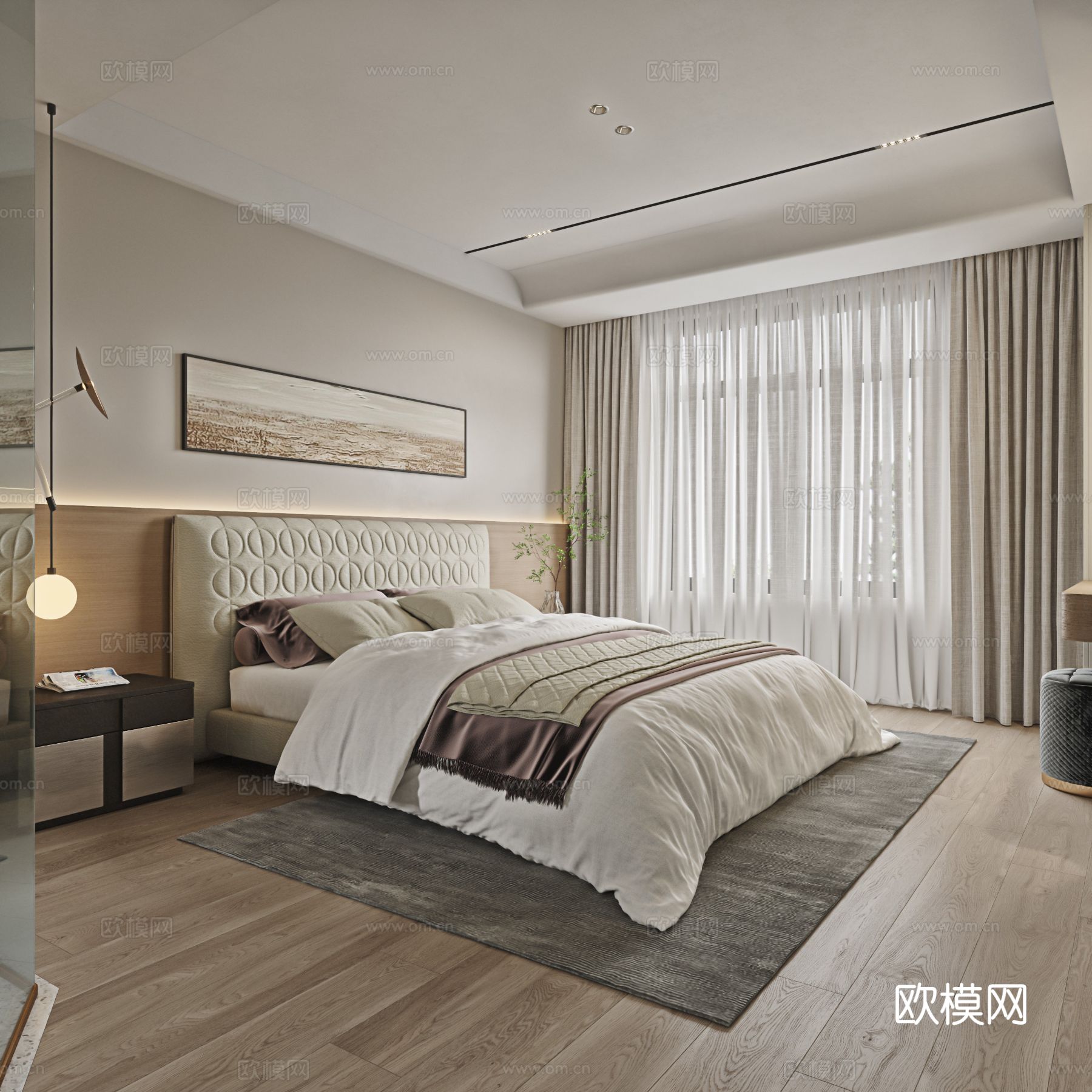 奶油风复式平层 客厅 卧室 书房效果图下载（渲染图4）