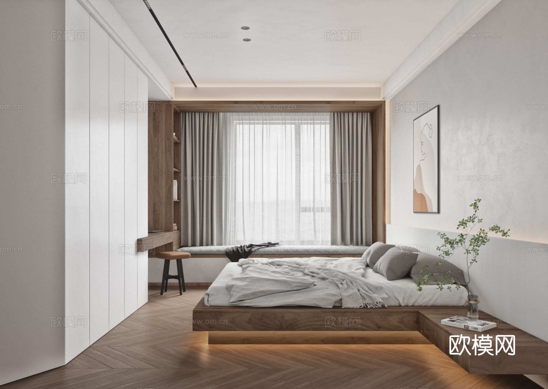 奶油风复式平层 客厅 卧室 书房效果图下载（渲染图14）