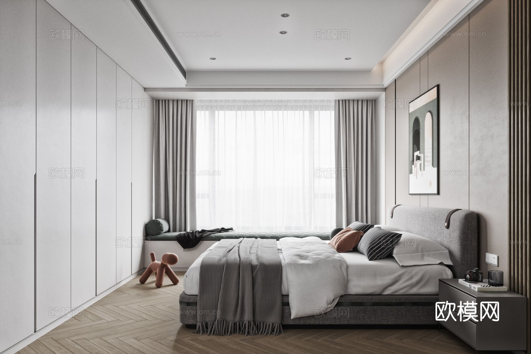 奶油风复式平层 客厅 卧室 书房效果图下载（渲染图5）