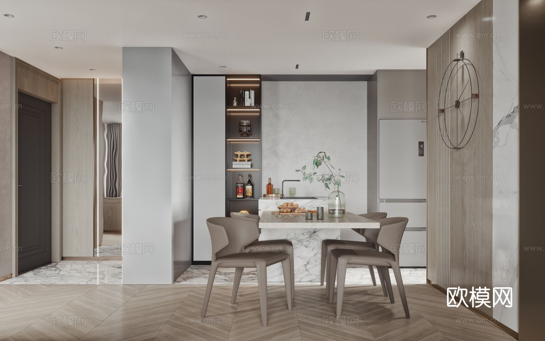 奶油风复式平层 客厅 卧室 书房效果图下载（渲染图3）