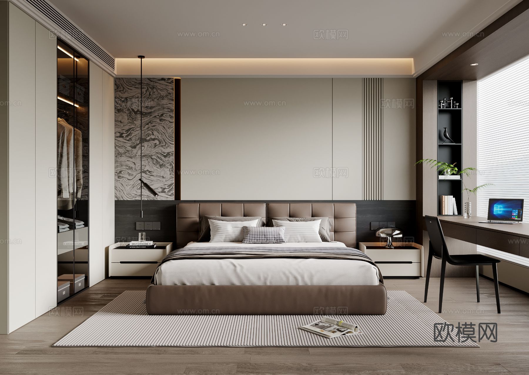 现代意式卧室 皮质双人床 床头柜 吊灯 书桌椅 地毯su模型