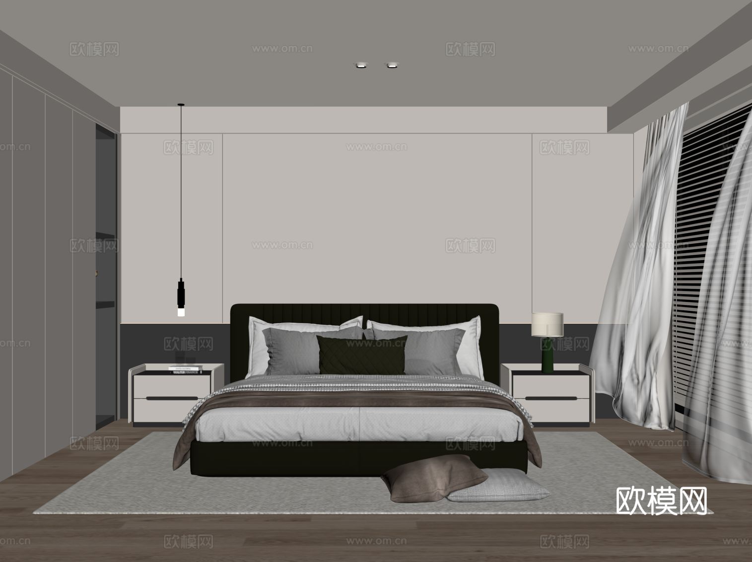 现代卧室 双人床 衣柜su模型