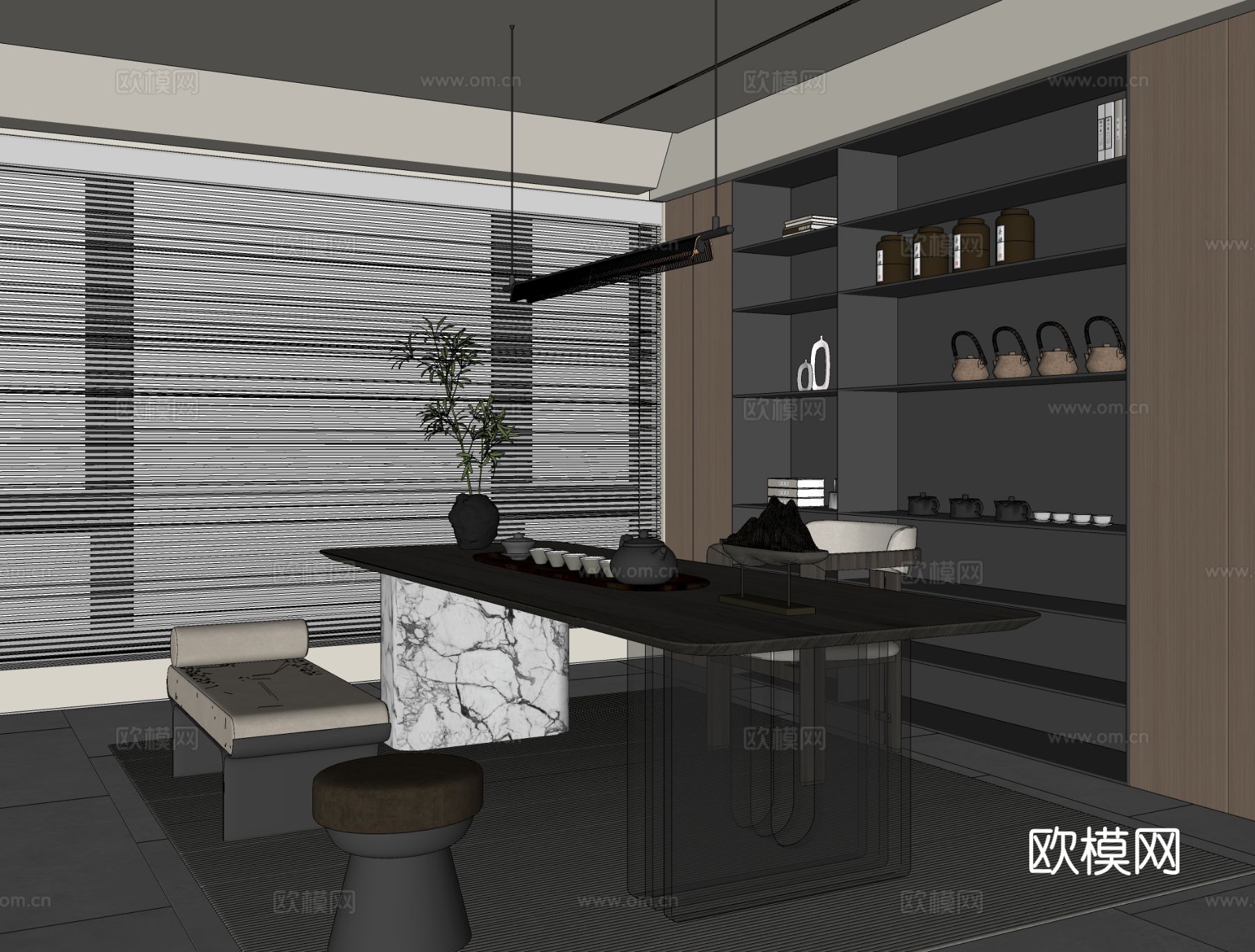 茶台茶室 茶柜 茶台组合su模型