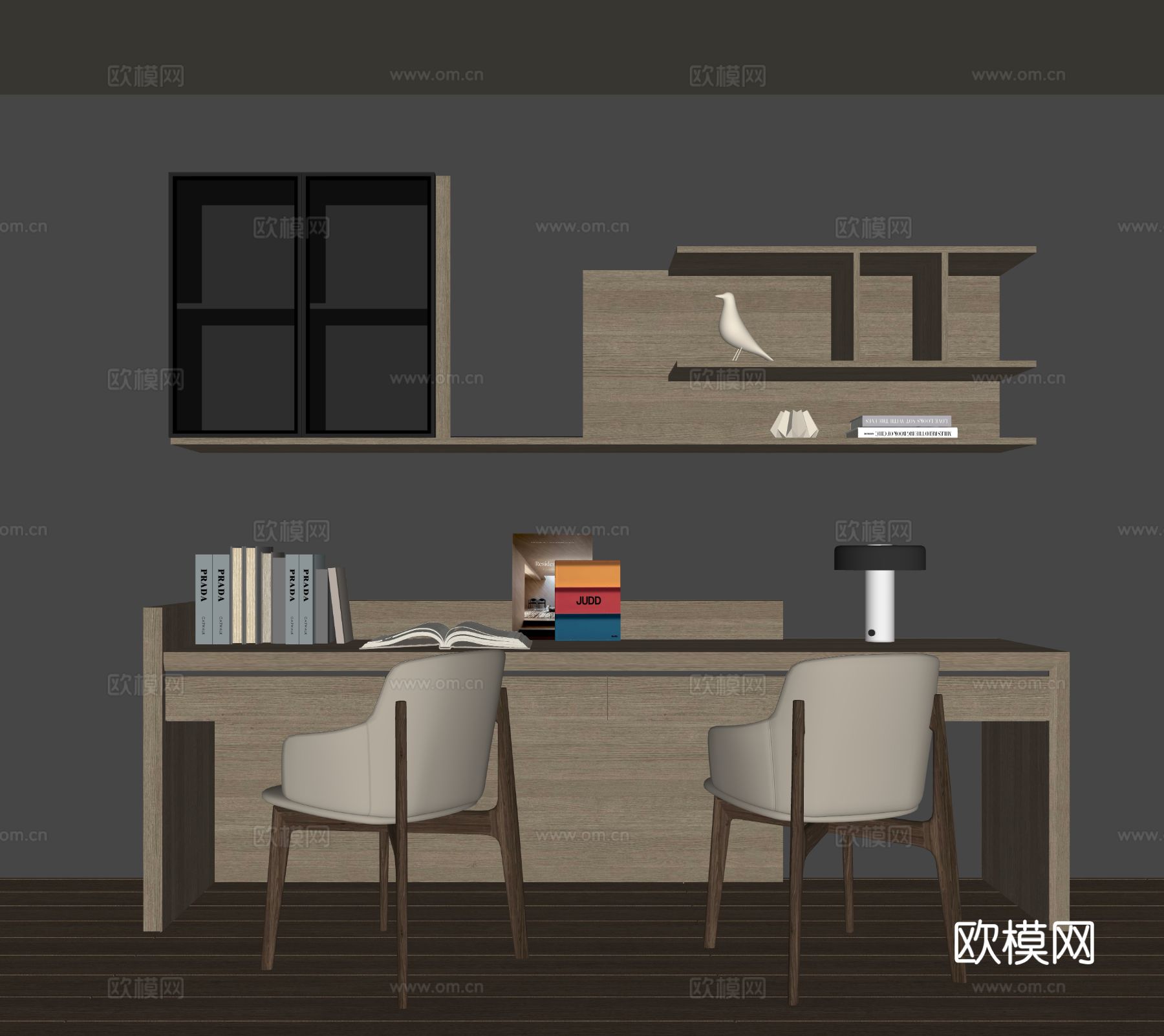 现代书桌一体柜su模型