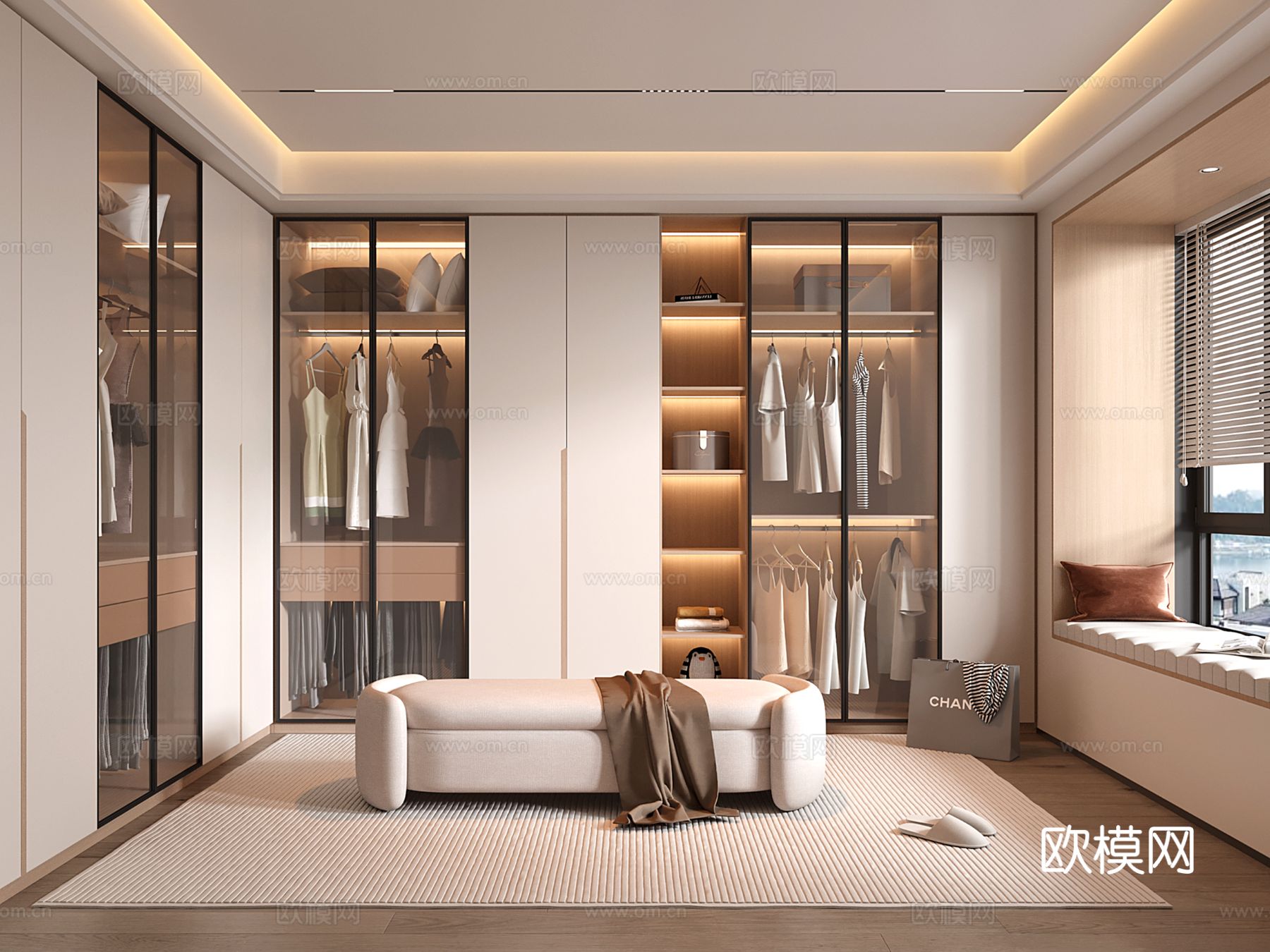 现代衣帽间 开方格 玻璃门 换鞋凳3d模型