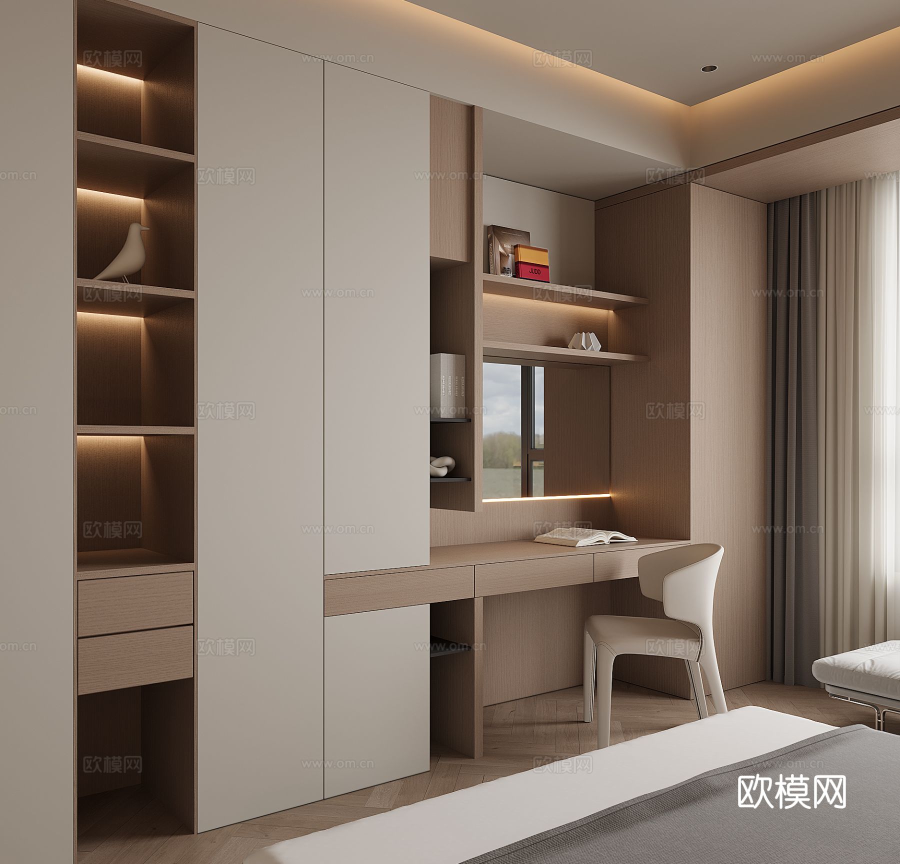 现代书桌一体柜3d模型下载