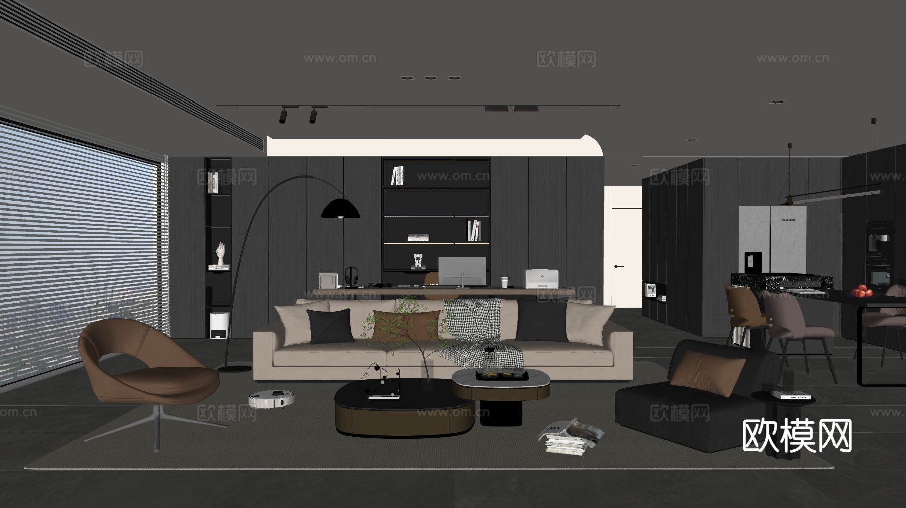 现代客餐厅 沙发 茶几 插花 墙饰 挂画 装饰品 摆件 盆栽su模型