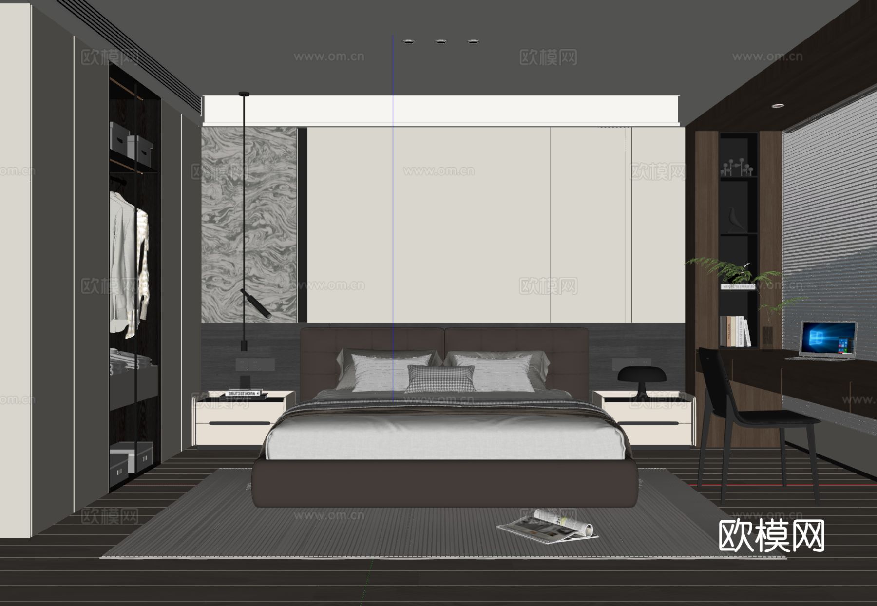 现代意式卧室 皮质双人床 床头柜 吊灯 书桌椅 地毯su模型