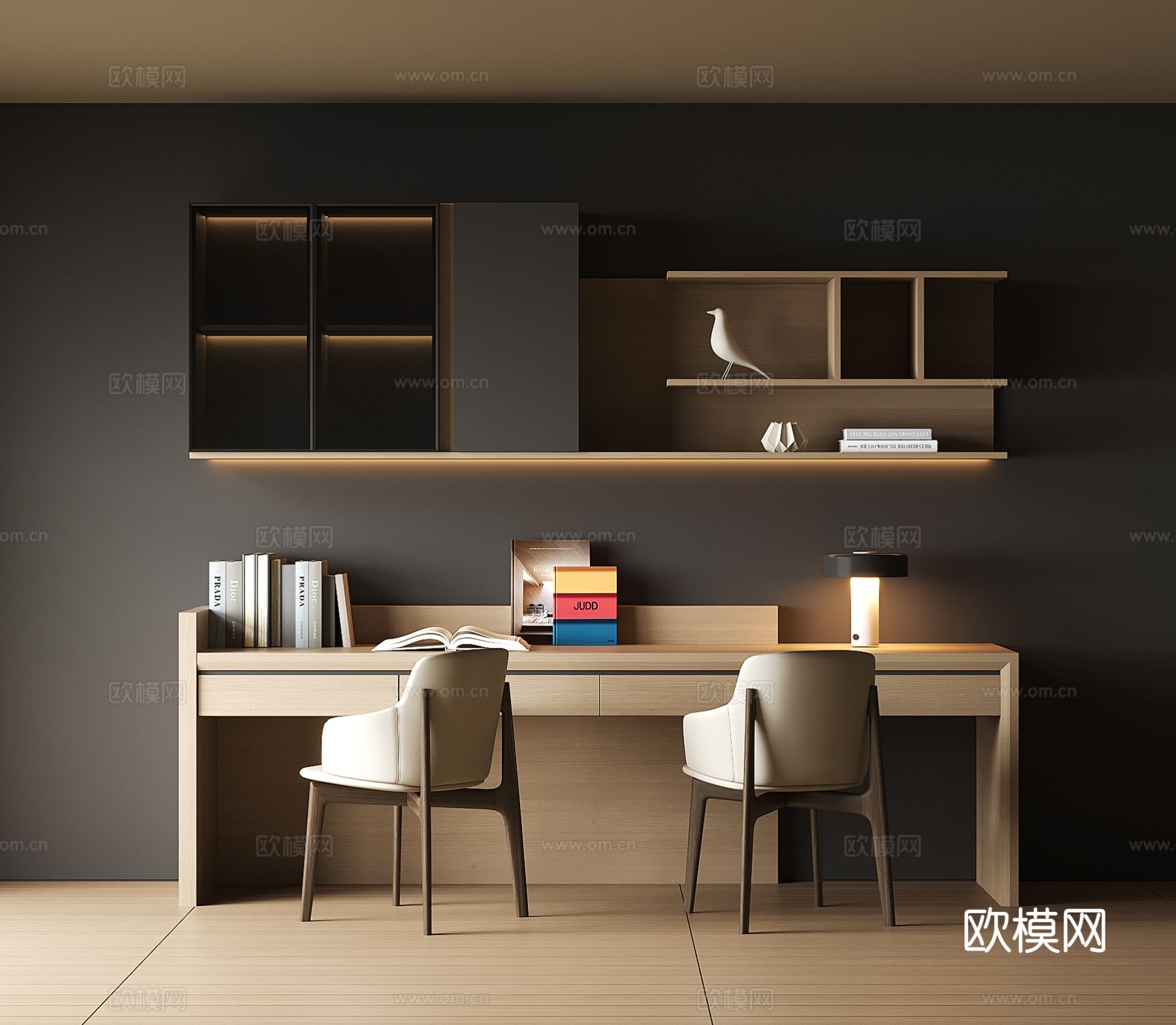 现代书桌一体柜3d模型下载