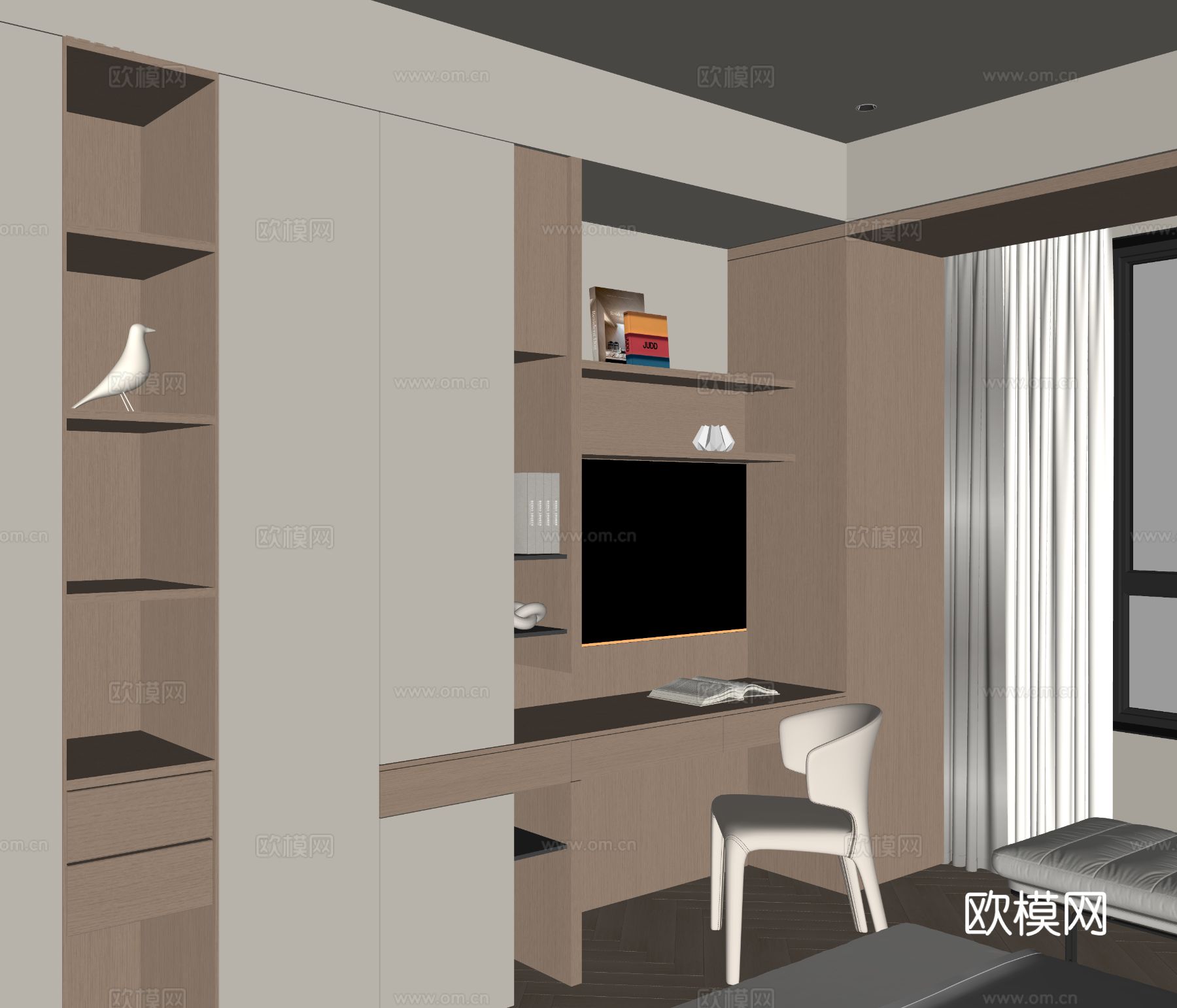 现代书桌一体柜su模型