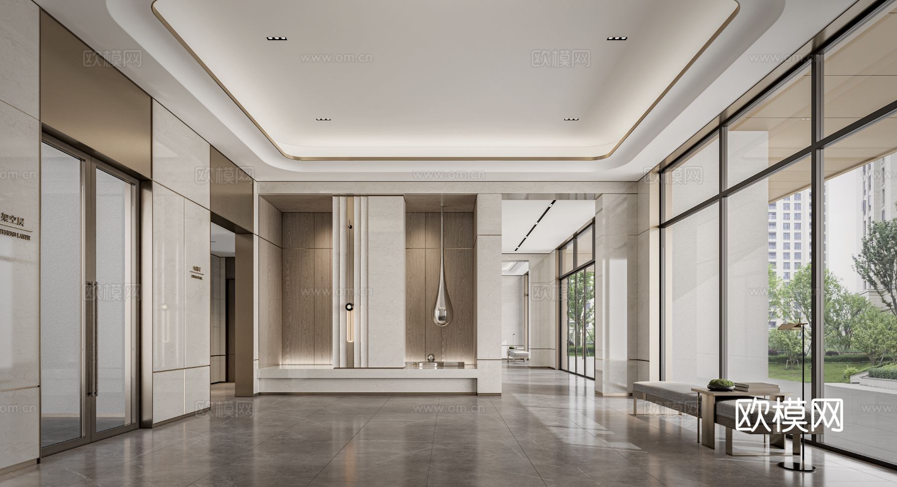 样板房入户大堂电梯厅   标准层电梯厅效果图下载（渲染图1）