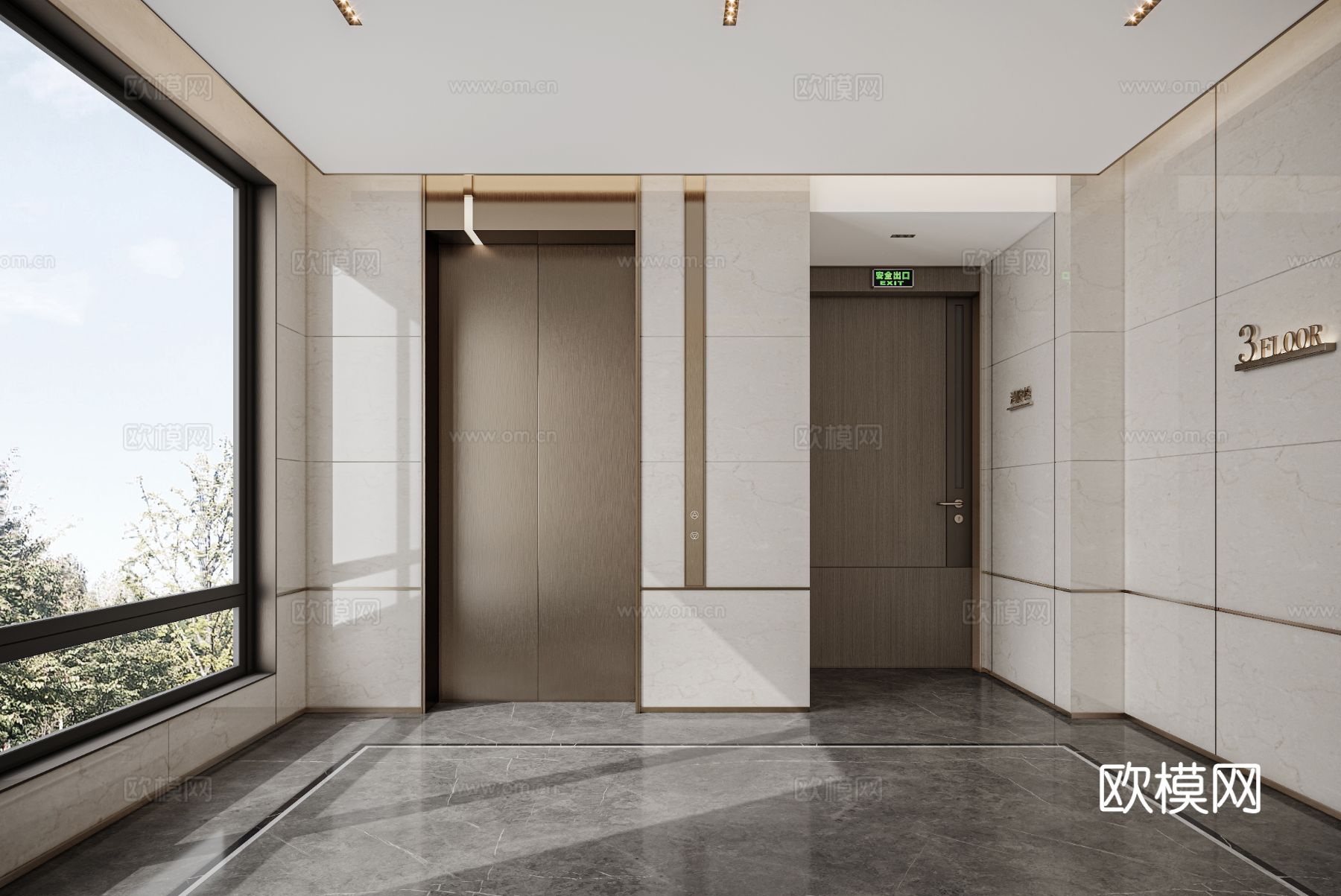 样板房入户大堂电梯厅   标准层电梯厅效果图下载（渲染图3）