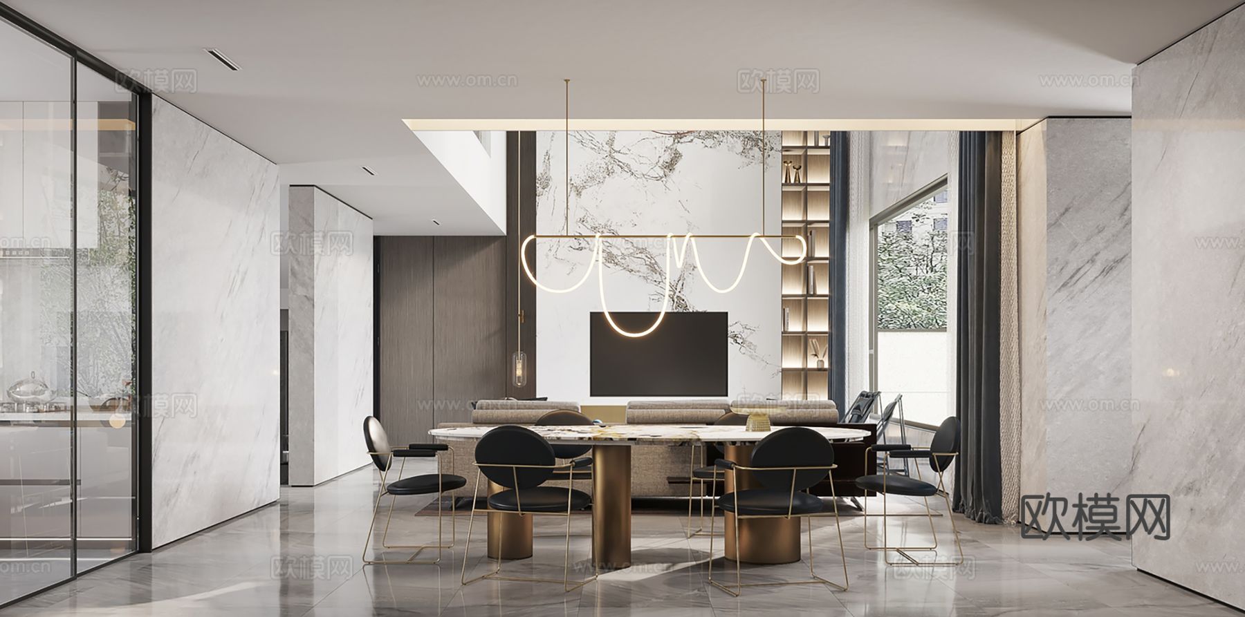 现代别墅高级灰卧室餐厅客厅大平层效果图下载（渲染图3）