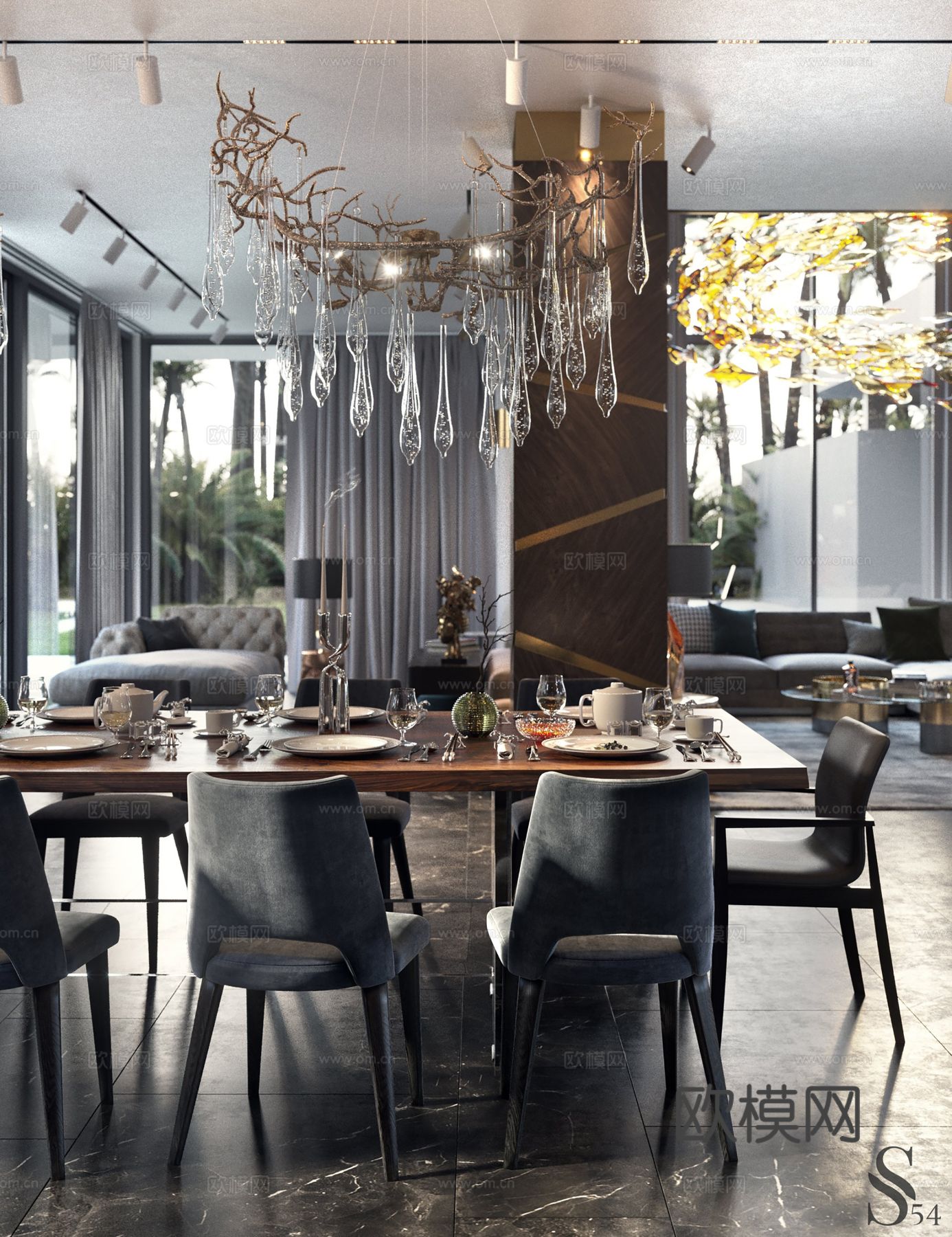 现代别墅高级灰卧室餐厅客厅大平层效果图下载（渲染图2）