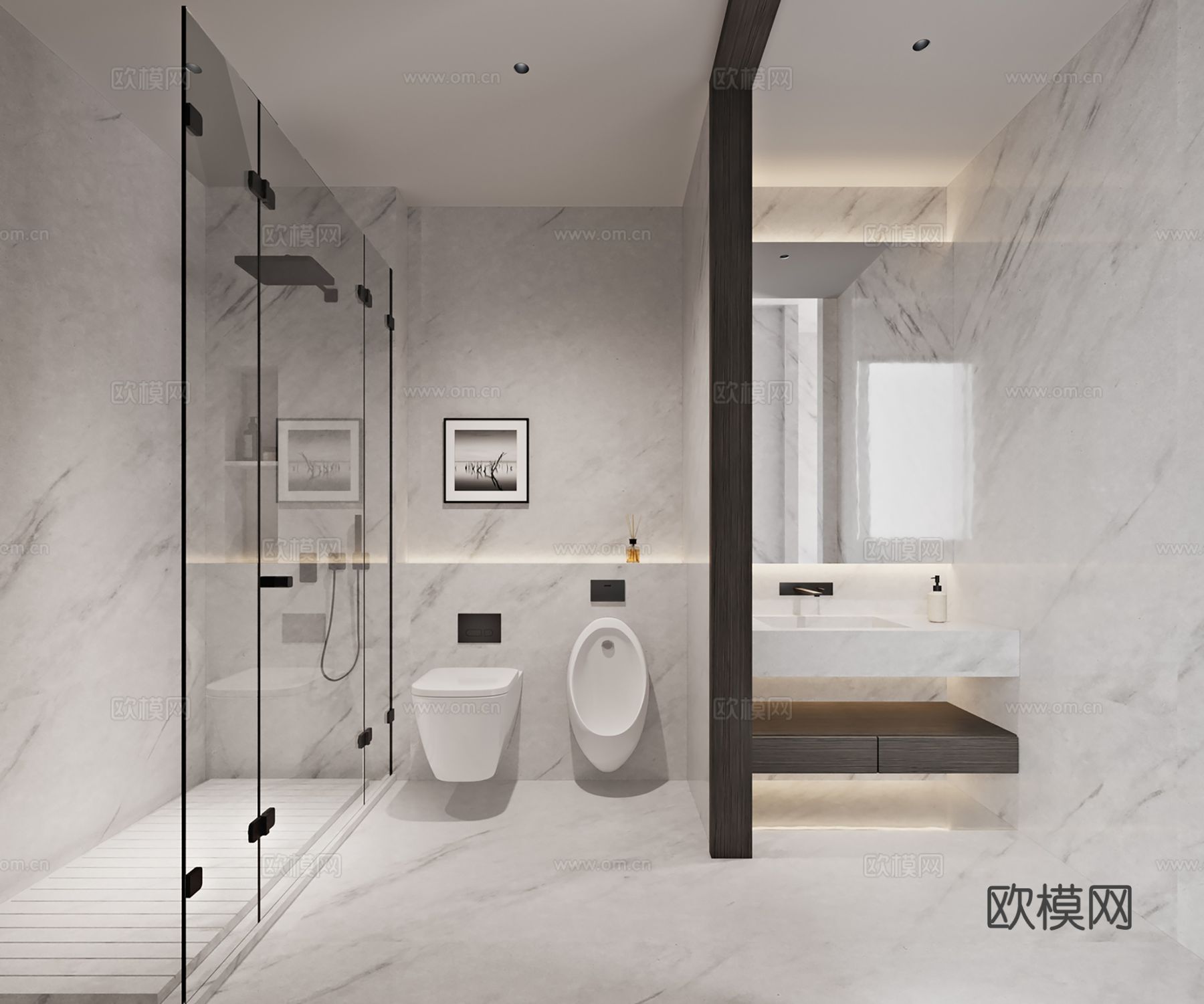 现代别墅高级灰卧室餐厅客厅大平层效果图下载（渲染图6）