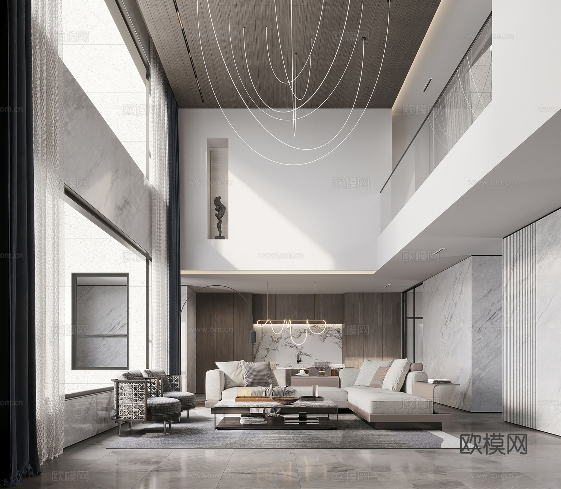 现代别墅高级灰卧室餐厅客厅大平层效果图下载（渲染图1）