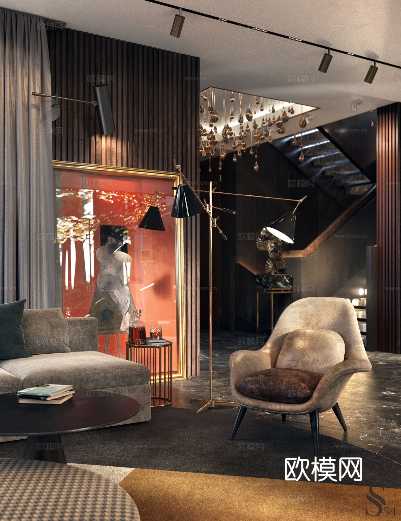 现代别墅高级灰卧室餐厅客厅大平层效果图下载（渲染图8）