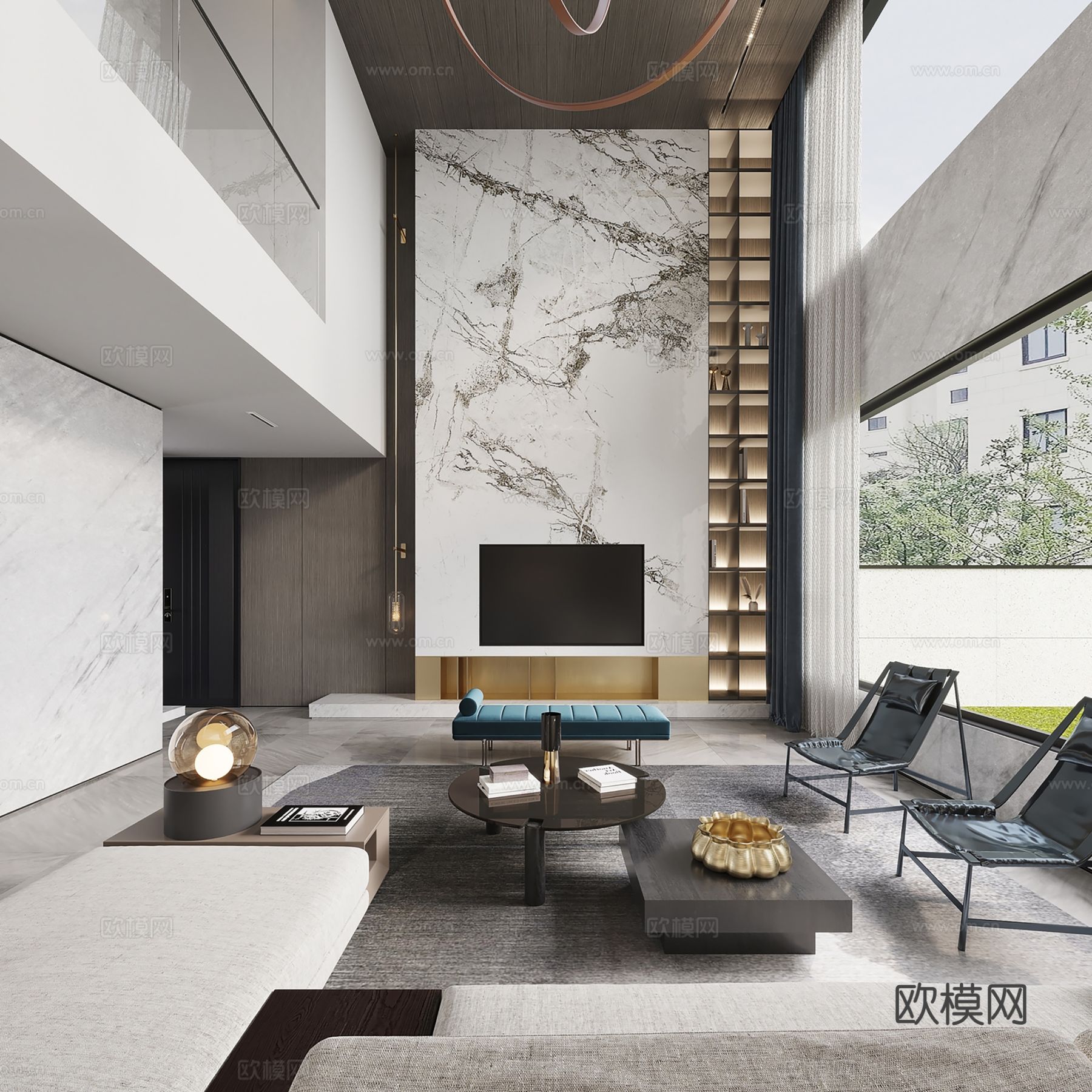 现代别墅高级灰卧室餐厅客厅大平层效果图下载（渲染图7）