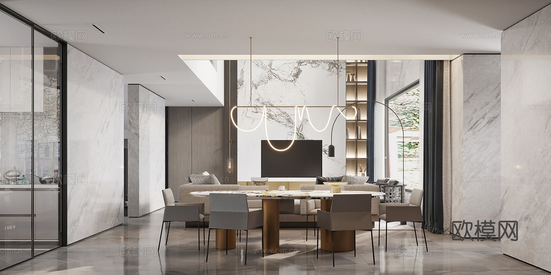 现代别墅高级灰卧室餐厅客厅大平层效果图下载（渲染图5）