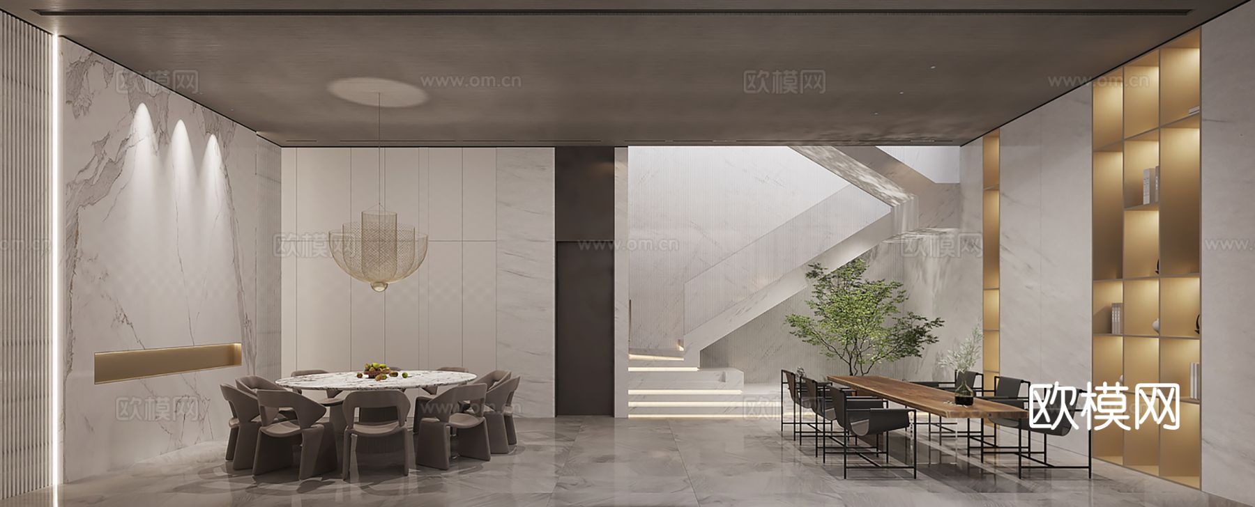 现代别墅高级灰卧室餐厅客厅大平层效果图下载（渲染图2）