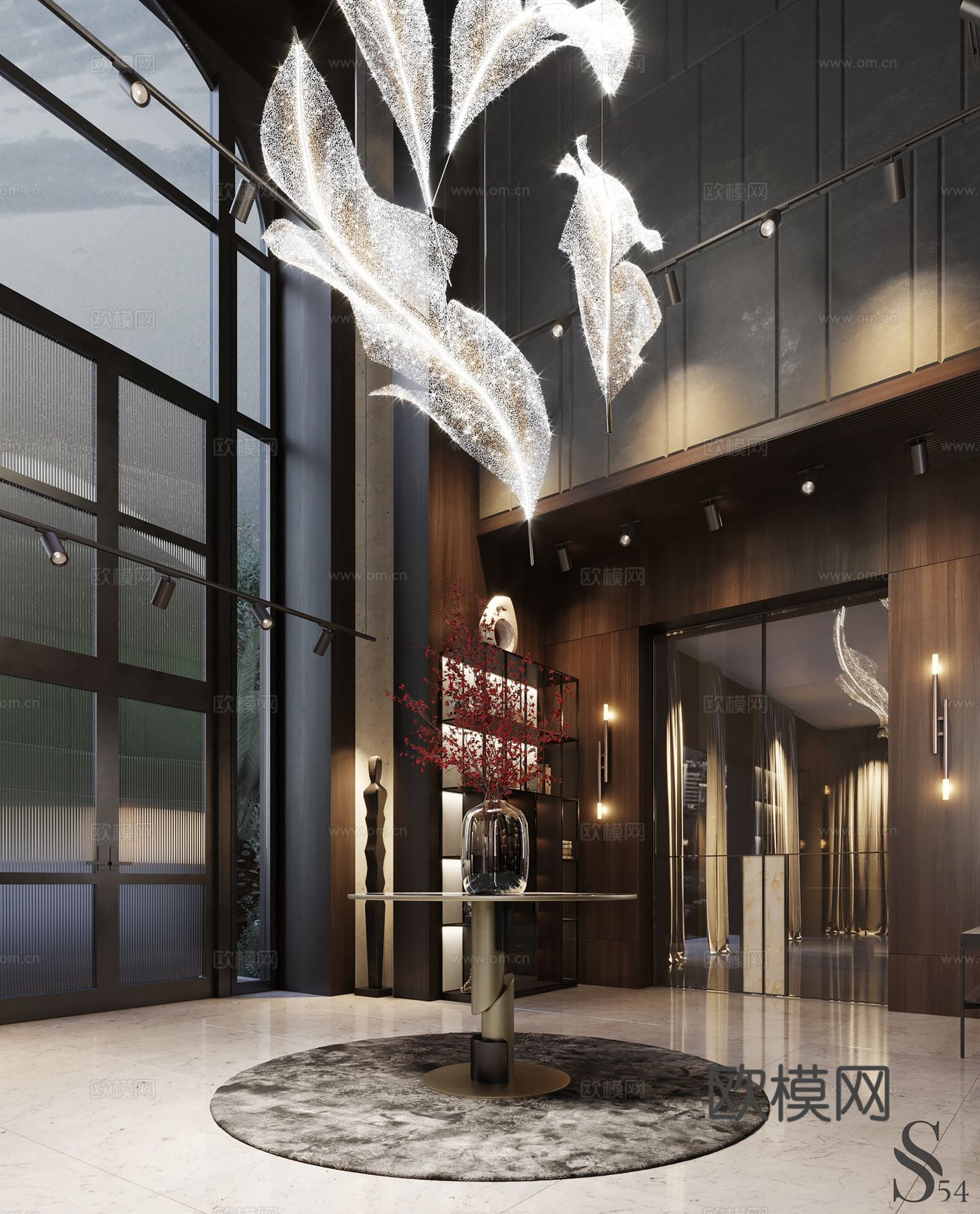 现代别墅高级灰卧室餐厅客厅大平层效果图下载（渲染图4）