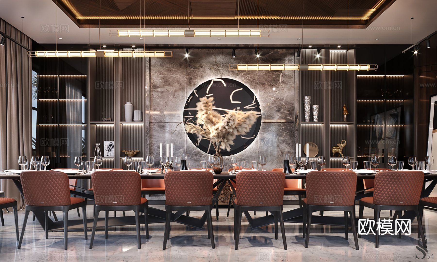 现代别墅高级灰卧室餐厅客厅大平层效果图下载（渲染图7）